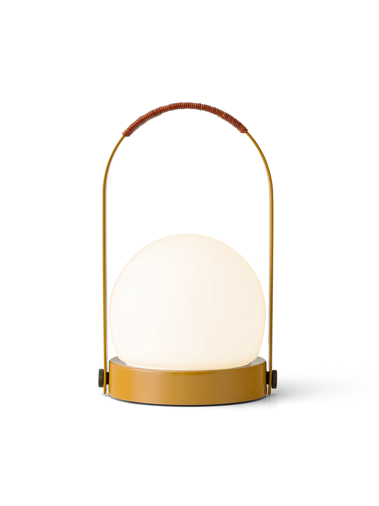 Golden brown Carrie Portable Lamp featuring an illuminated opal glass shade and a curved handle with leather cord detail.