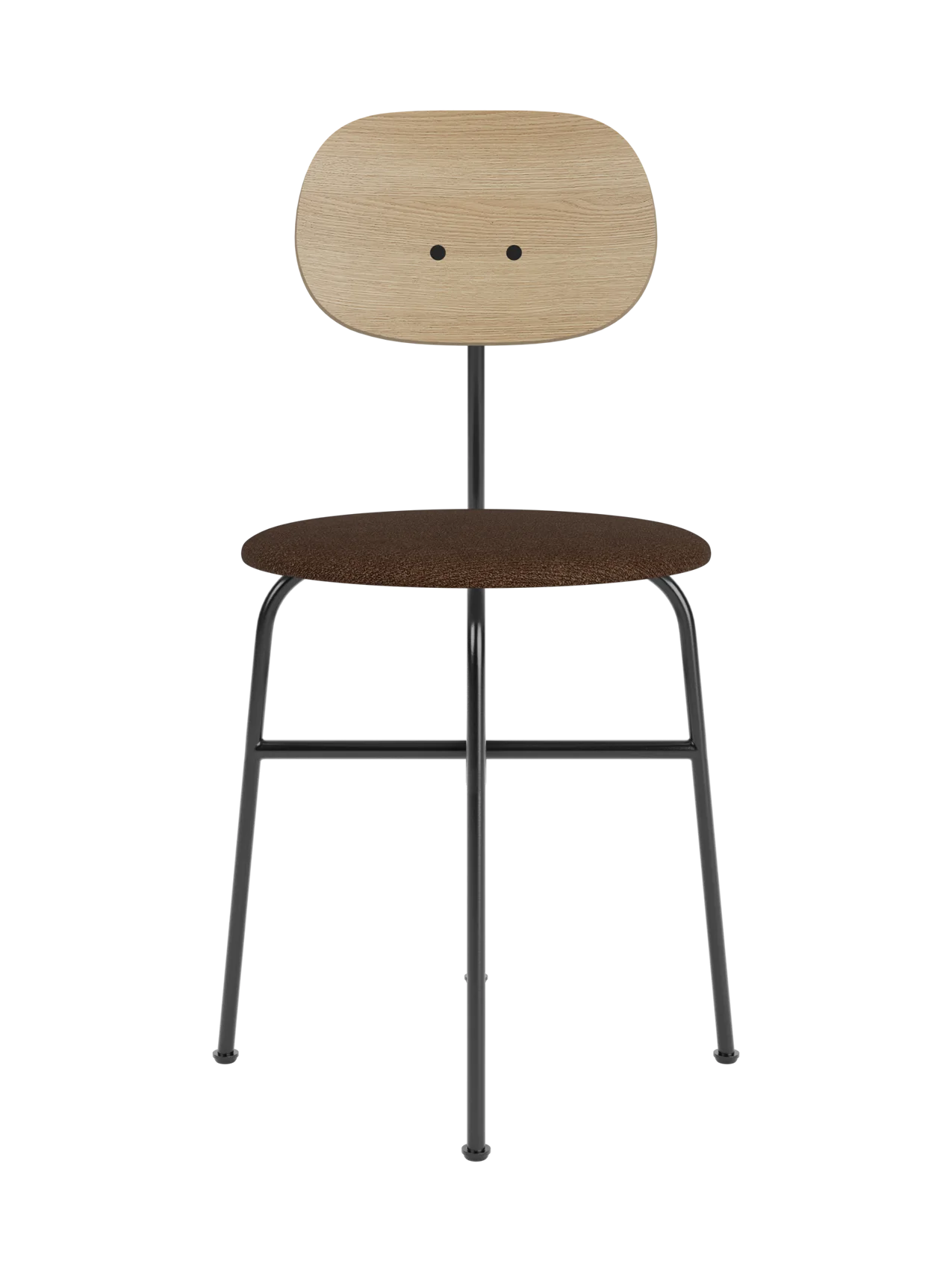 Afteroom Dining Chair Plus featuring a natural oak backrest and brown boucle upholstered seat on a black steel frame.