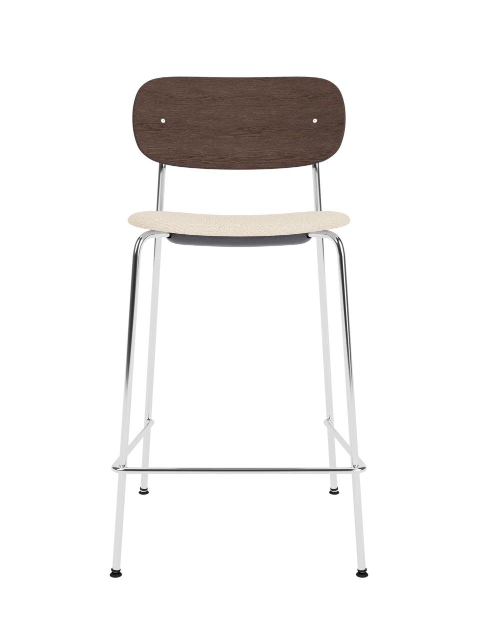 Co Counter Chair with a chrome steel frame, dark stained oak back and Logan Jasmine upholstered seat.