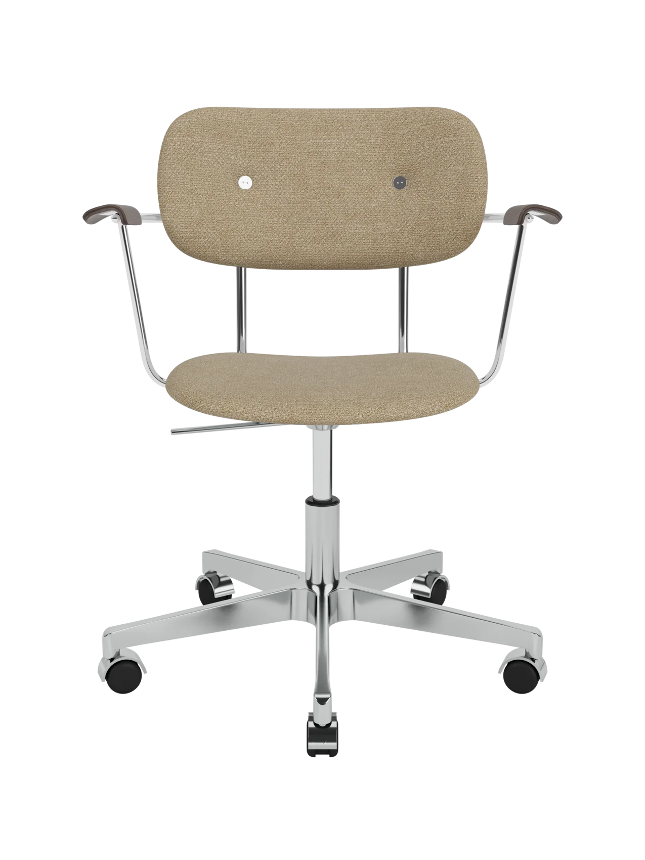 Co Task Chair in beige Audo Bouclé 02 fabric with dark-stained oak armrests and a polished aluminium base on casters.