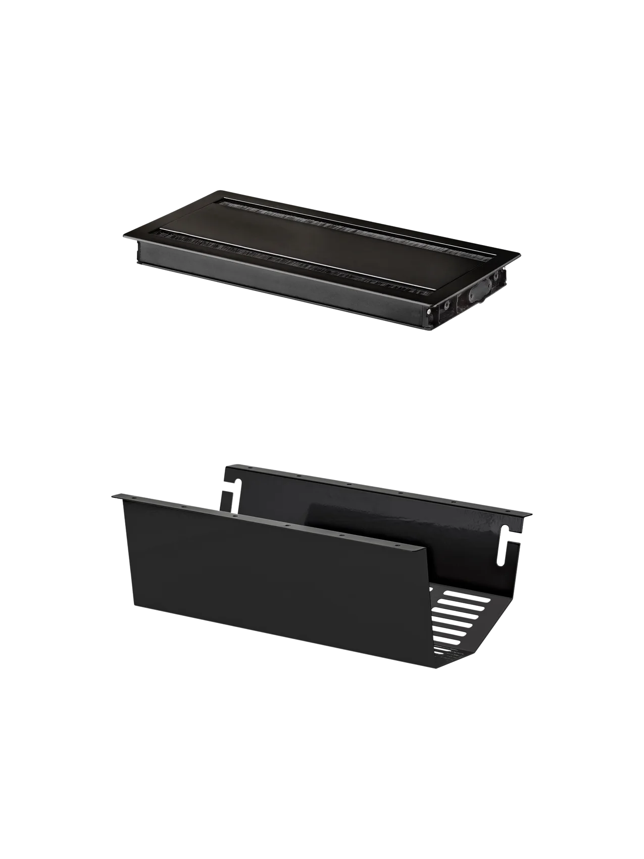 Black Cable Management solution featuring an aluminium outlet tray component, shown against a dark background.