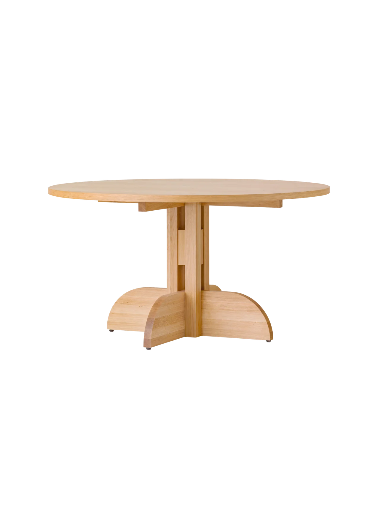Round Puffin Dining Table in natural oak with a sculptural solid wood base, isolated on a plain white background.