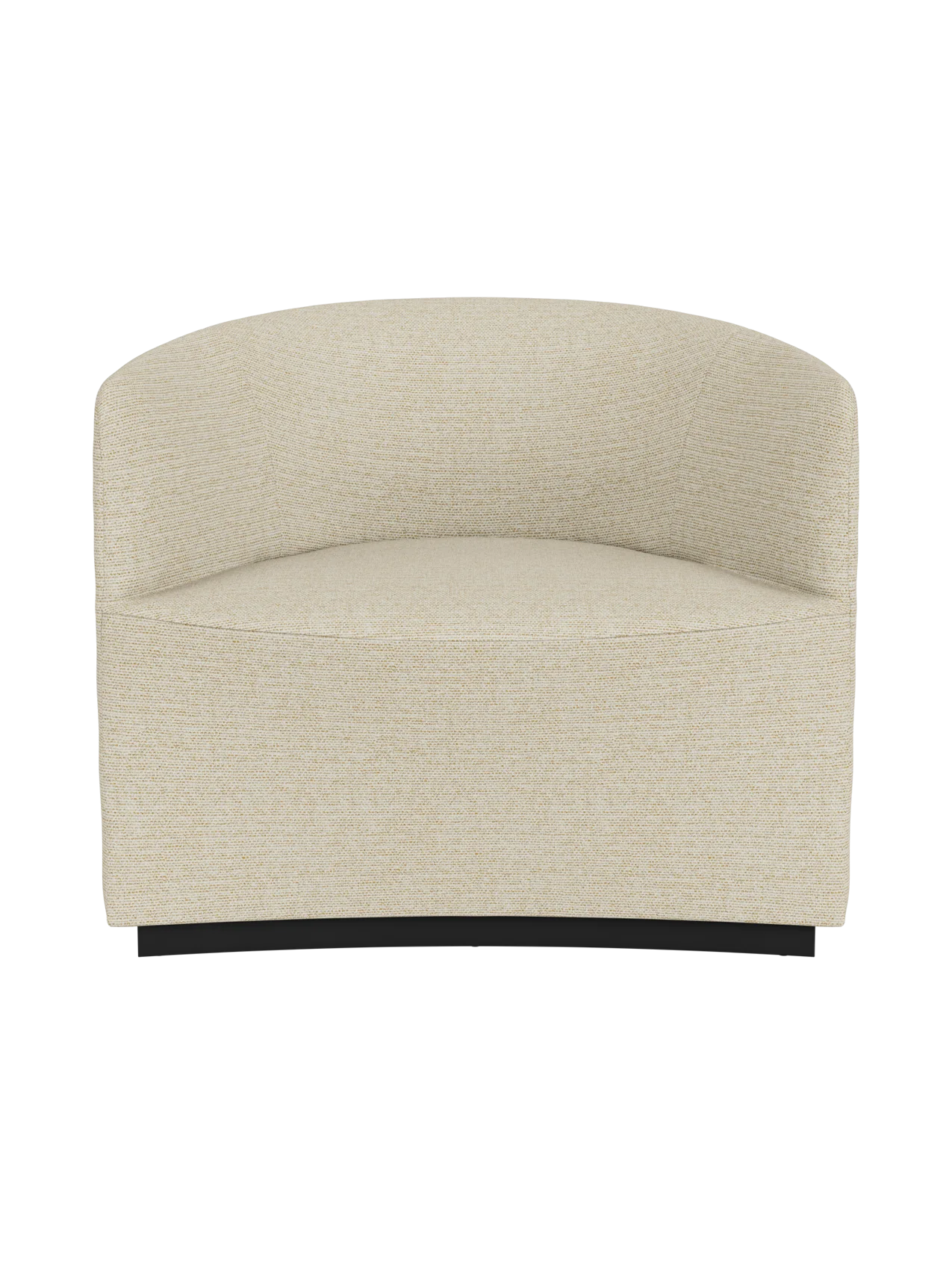 Front view of the Tearoom Lounge Chair upholstered in a light beige Savanna 202 fabric, with a curved back on a dark base.