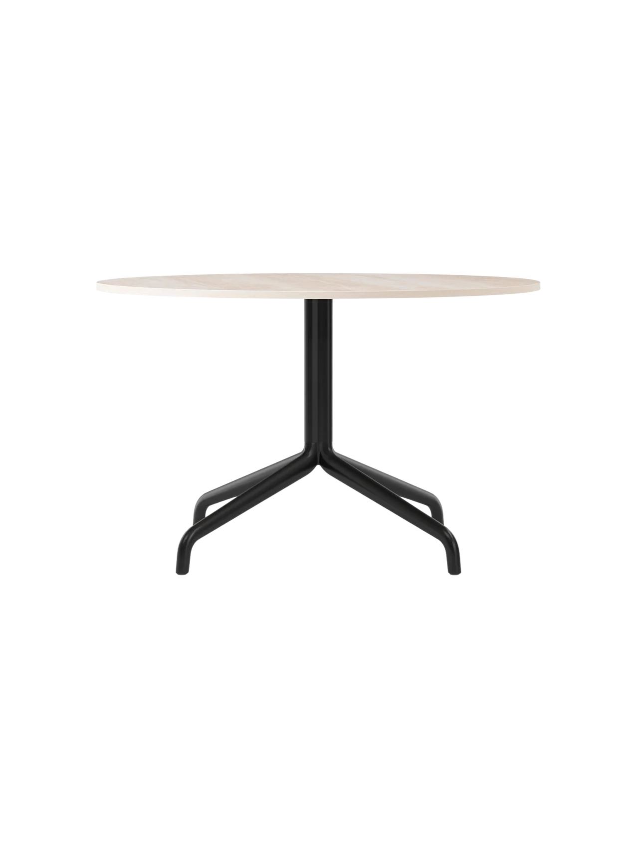 A front view of the Harbour Column Lounge Table with a round, light-coloured tabletop and a slim, black star-shaped base.