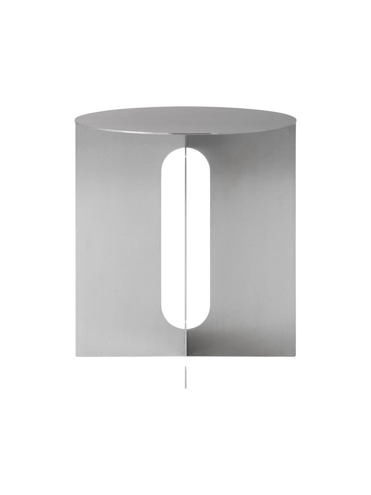 Front view of the Androgyne Side Table, Ø40. The minimalist table has a silver steel base with a central oval cutout.