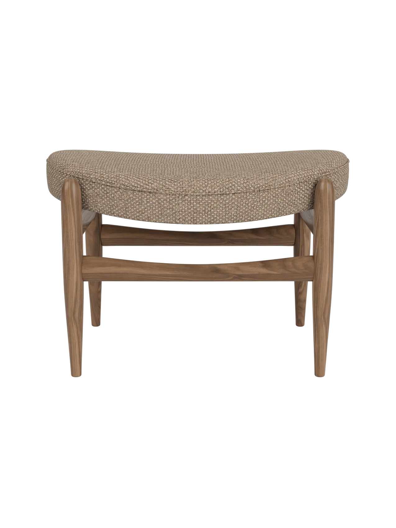 Elizabeth Ottoman in Logan Flint textured fabric and walnut wood, featuring a curved, comfortable seat.