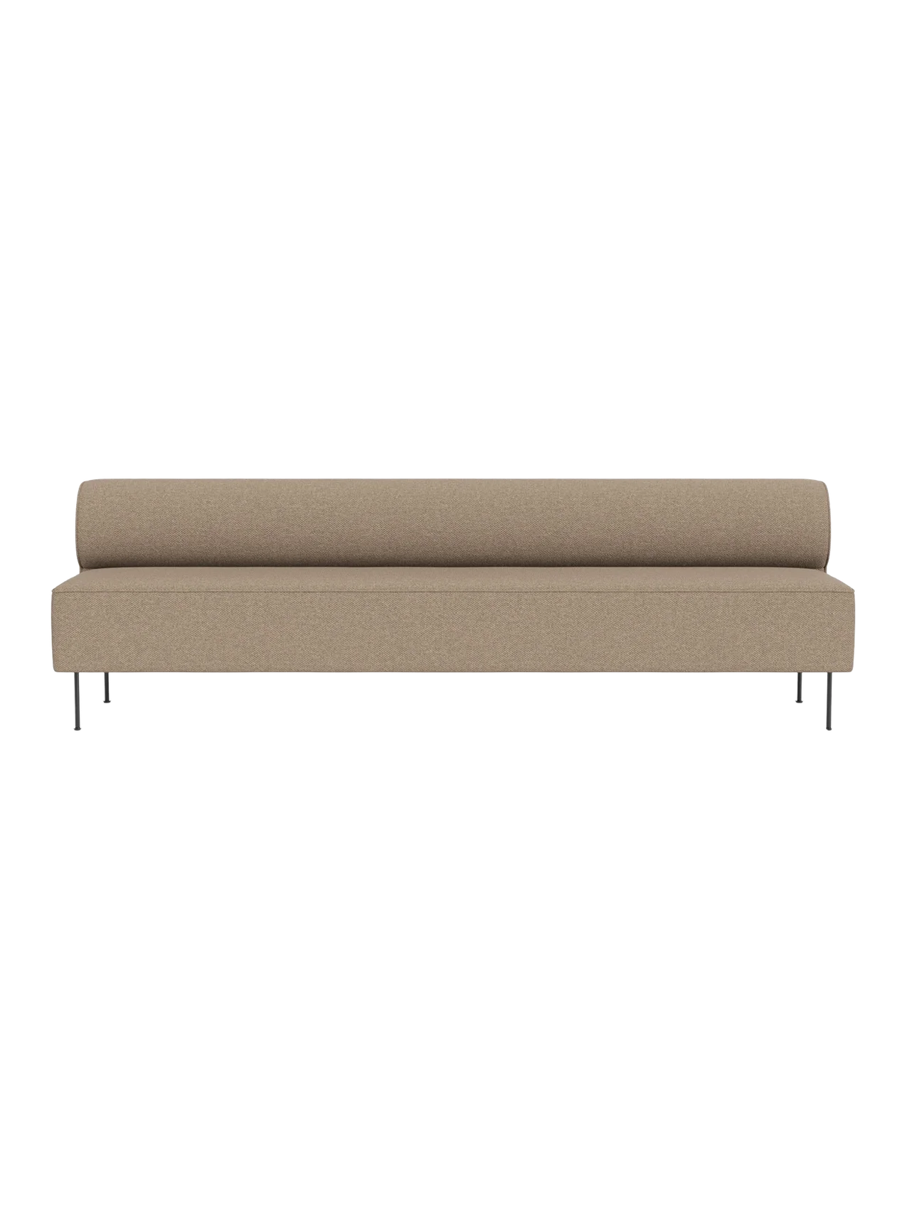 Front view of the Eave Dining Sofa in Logan Flint. A minimalist, light brown sofa with a low back on slim metal legs.