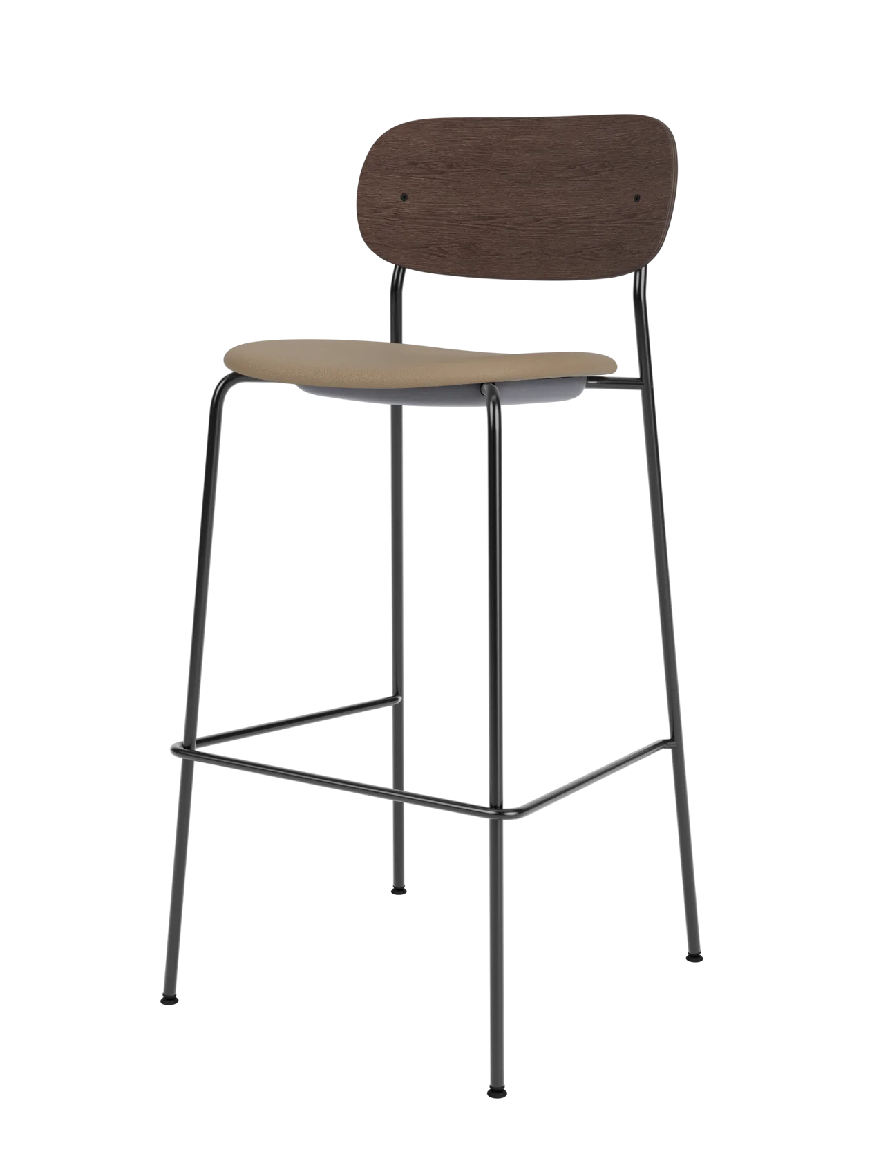 Co Bar Chair with dark stained oak back and tan Sierra 1611 leather seat on a slender black steel frame.