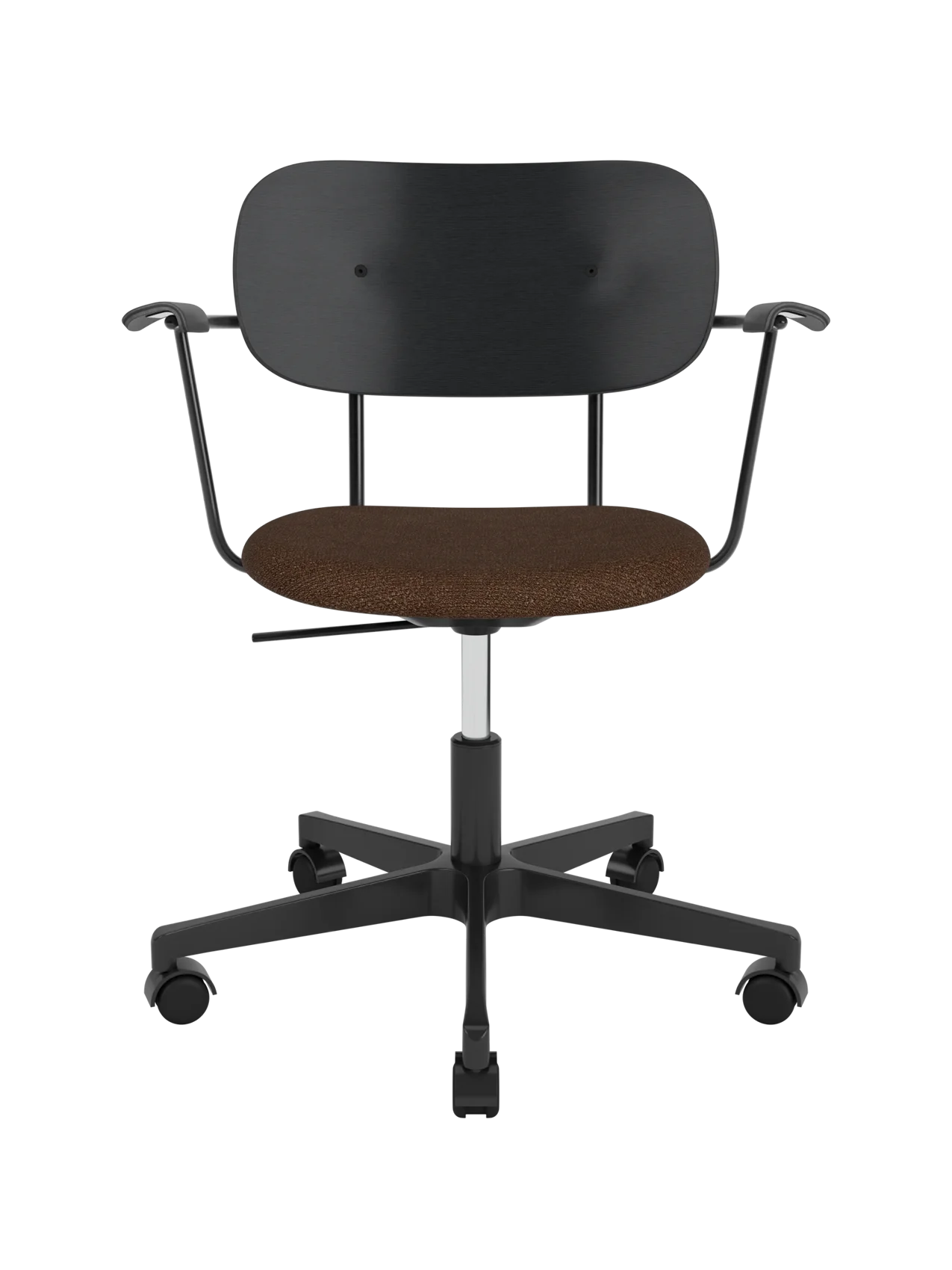 Co Task Chair with black painted oak back, brown Audo Bouclé seat and a black five-star swivel base with armrests.