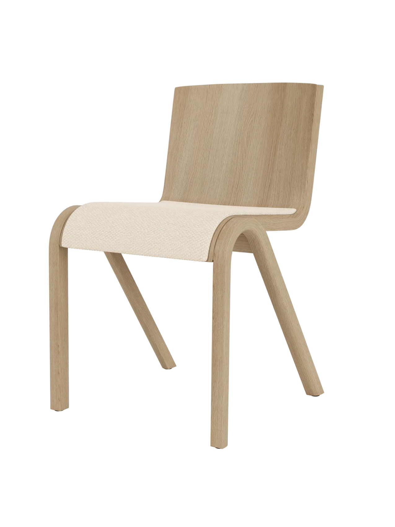 A three-quarter view of the Ready Dining Chair with a natural oak frame and its seat upholstered in Logan Jasmin fabric.