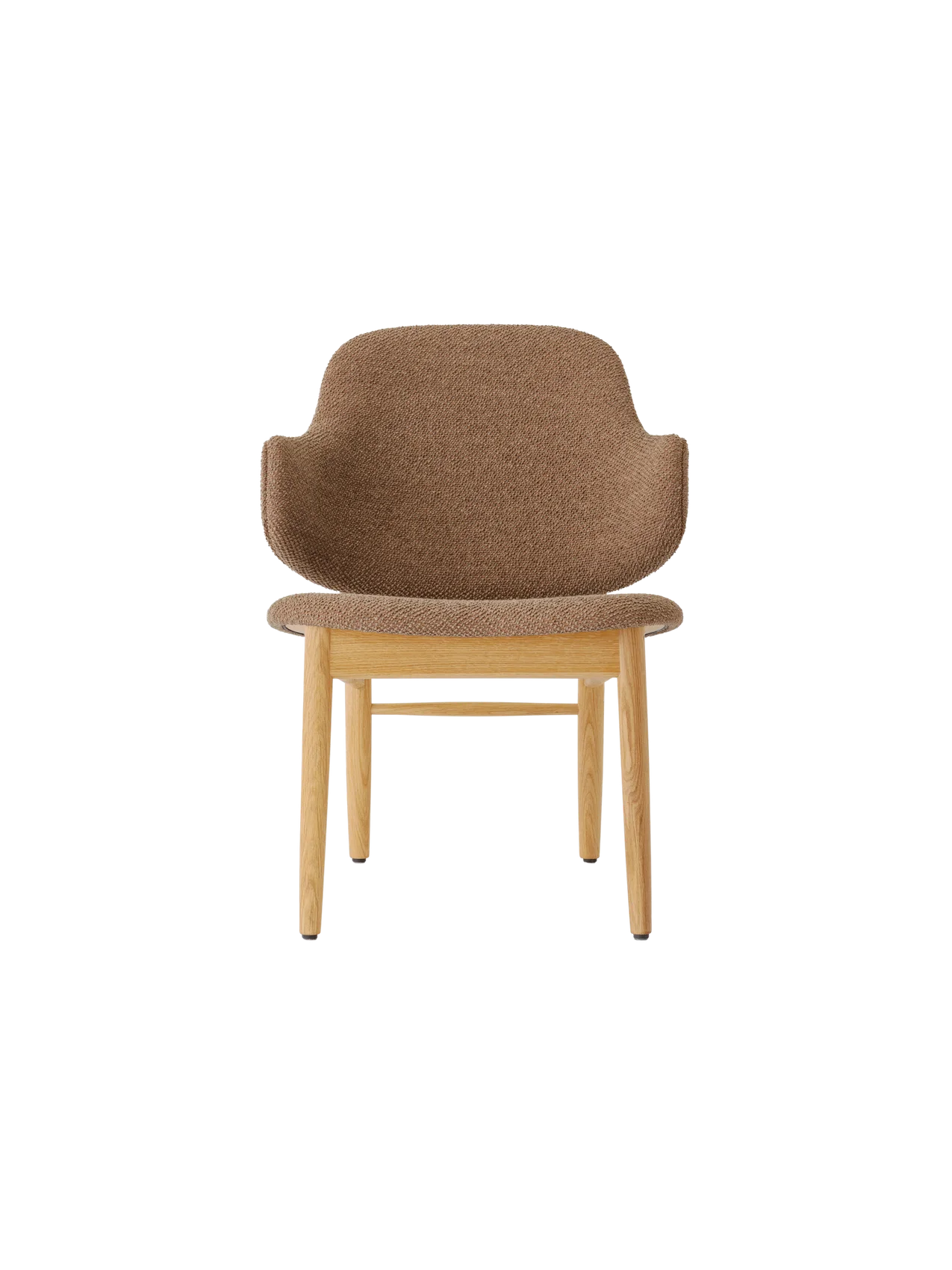 Natural oak Penguin Wooden Lounge Chair with brown Logan fabric upholstery, viewed from the front on a white background.