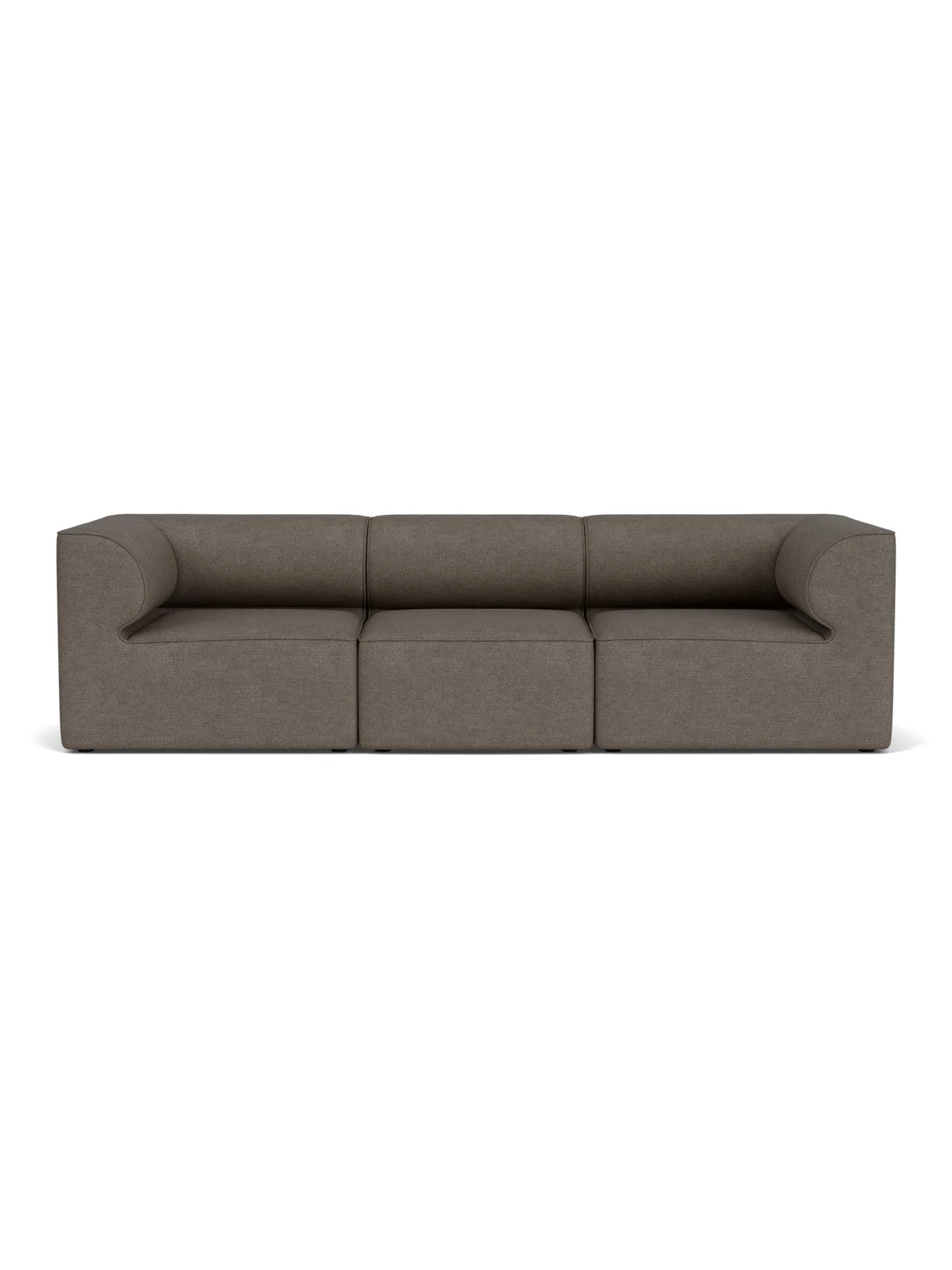 Front view of the Eave Modular Sofa, 96, 3-Seater, Configuration 2, upholstered in a dark brownish-grey bouclé fabric.