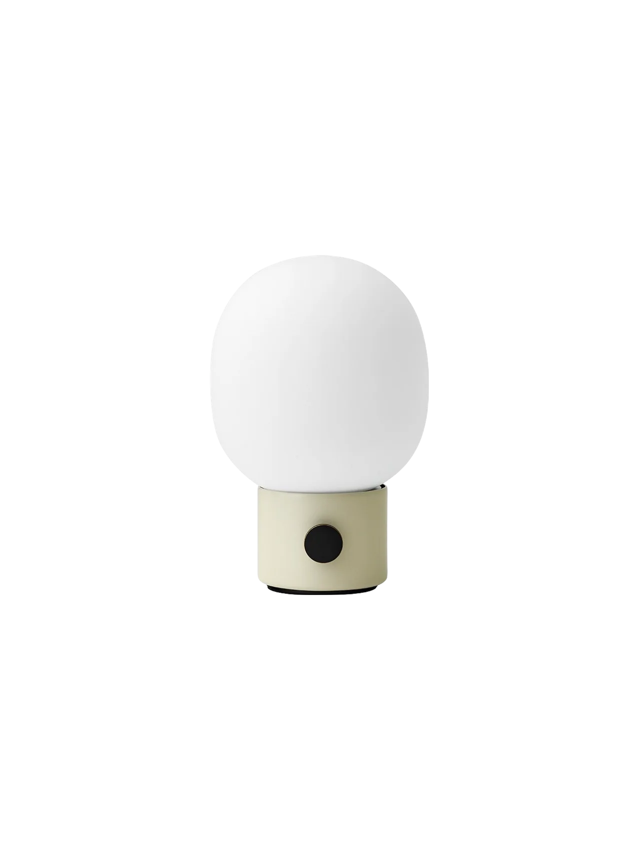The JWDA Table Lamp, Portable, in Alabaster White, with a cylindrical base, black dimmer knob, and an elliptical glass shade.