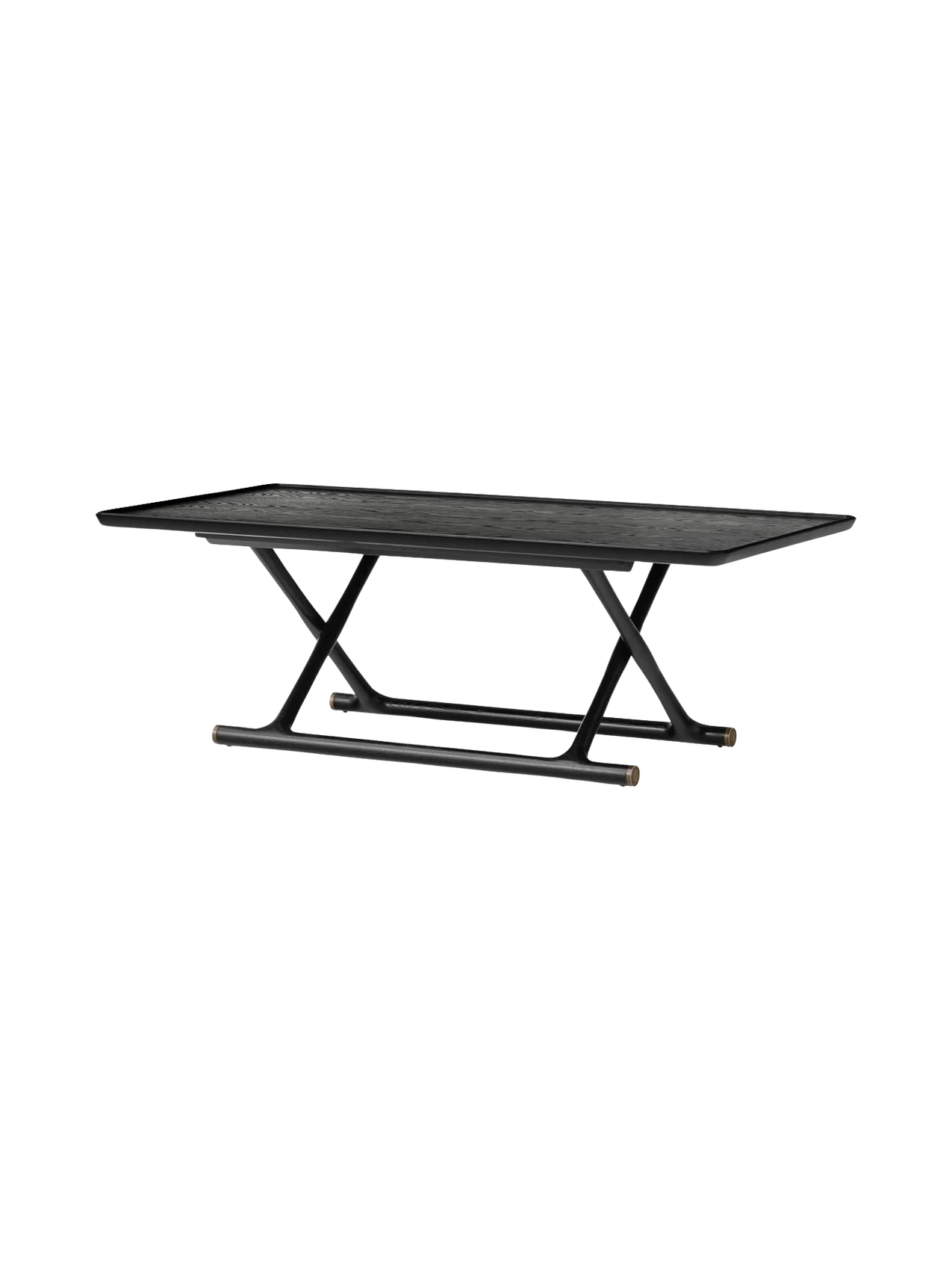 The Jäger Lounge Table in black stained oak shown at an angle, with a rectangular top and foldable X-frame base.