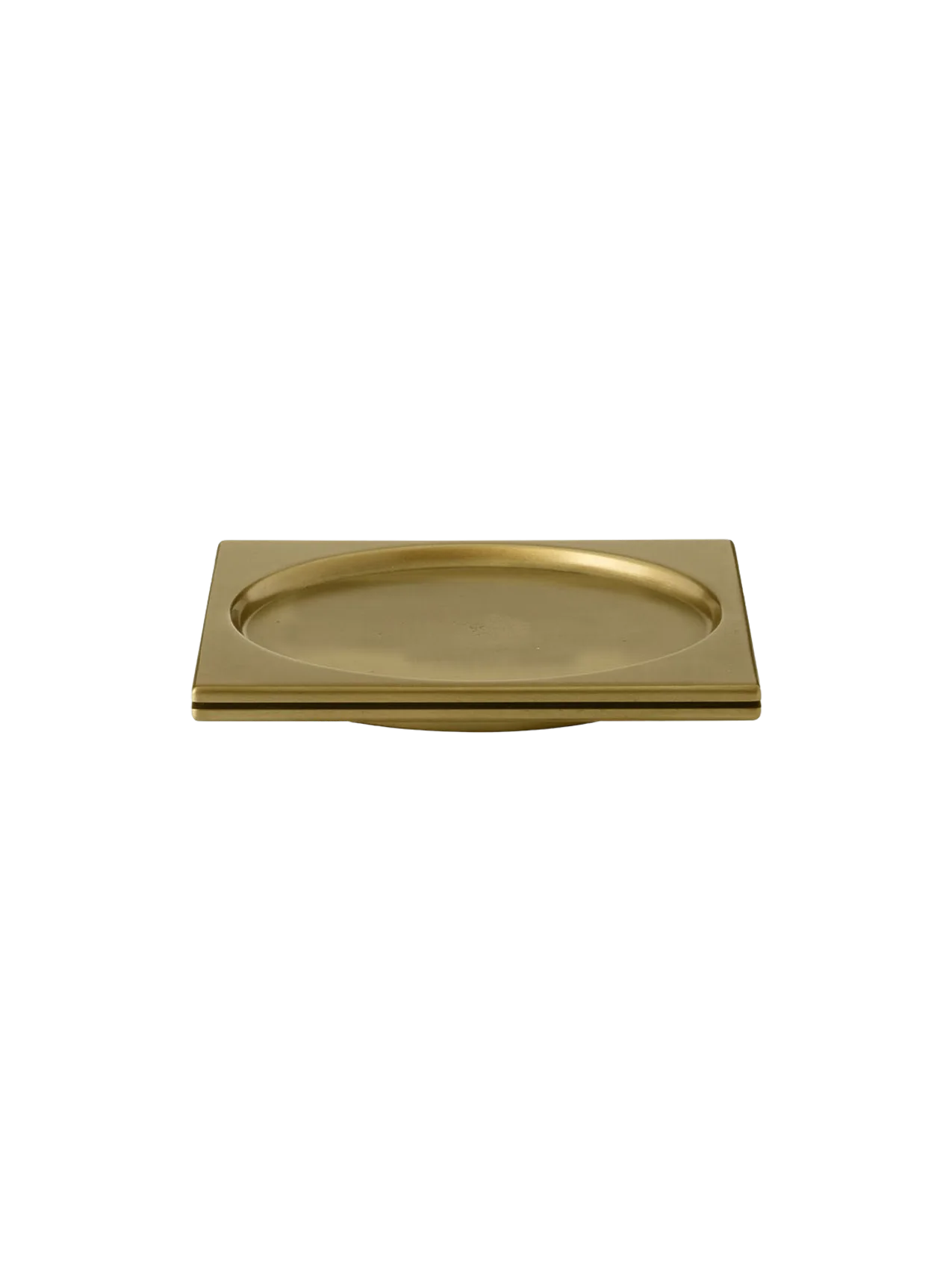 Front view of the Divot Tray in brass against a black background. The tray is square with a circular indented centre.