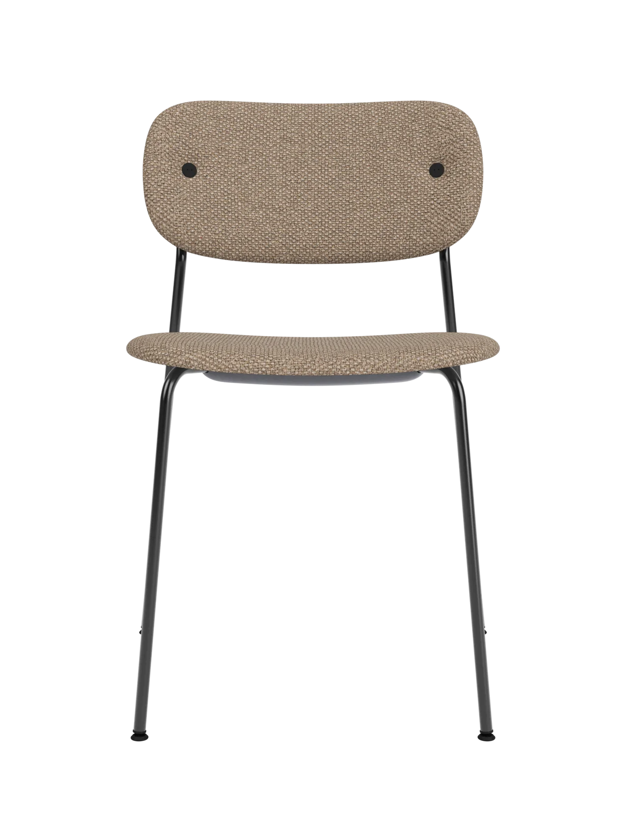 Fully upholstered Co Dining Chair in textured Logan Flint fabric with a sleek black steel frame and rounded back.