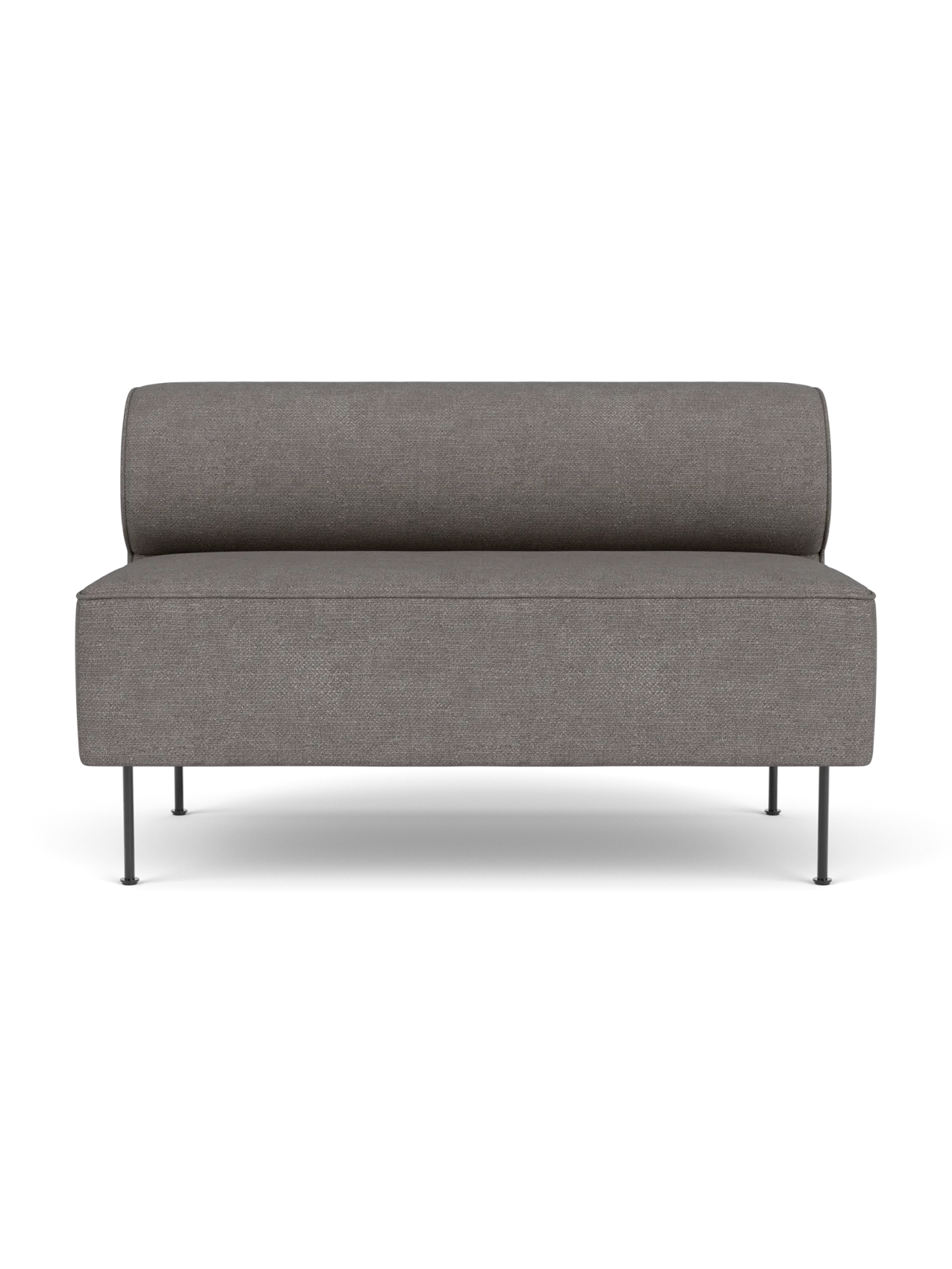 A front view of the Eave Dining Sofa, upholstered in a textured grey-brown Audo Bouclé 16 fabric on a black background.