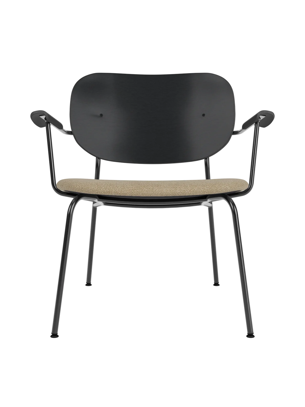 Co Lounge Chair featuring a black oak backrest, beige Audo Bouclé upholstered seat and a slim black steel frame.