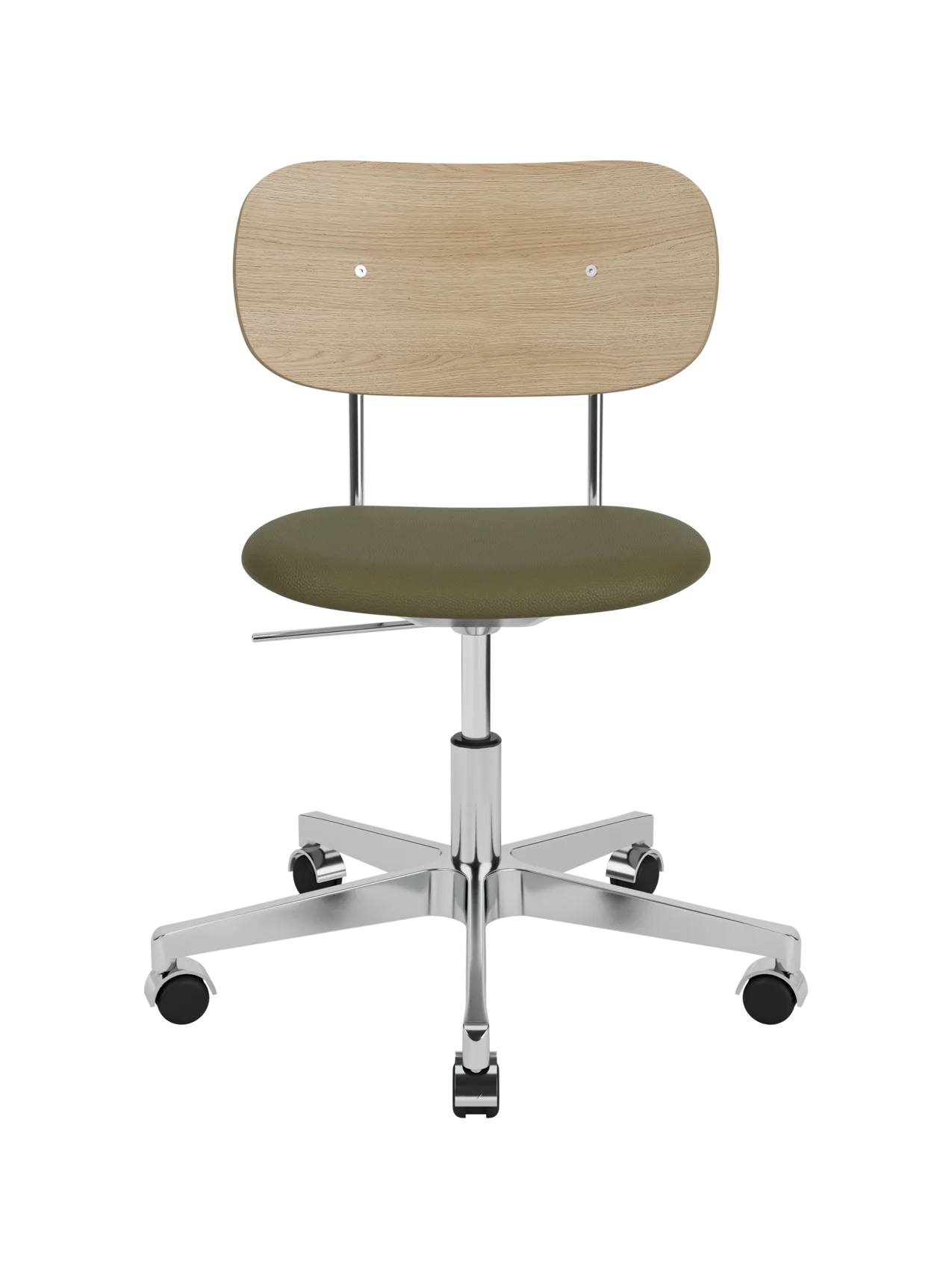 Co Task Chair with a natural oak backrest, olive Sierra 0441 leather seat, and a polished aluminium base with castors.