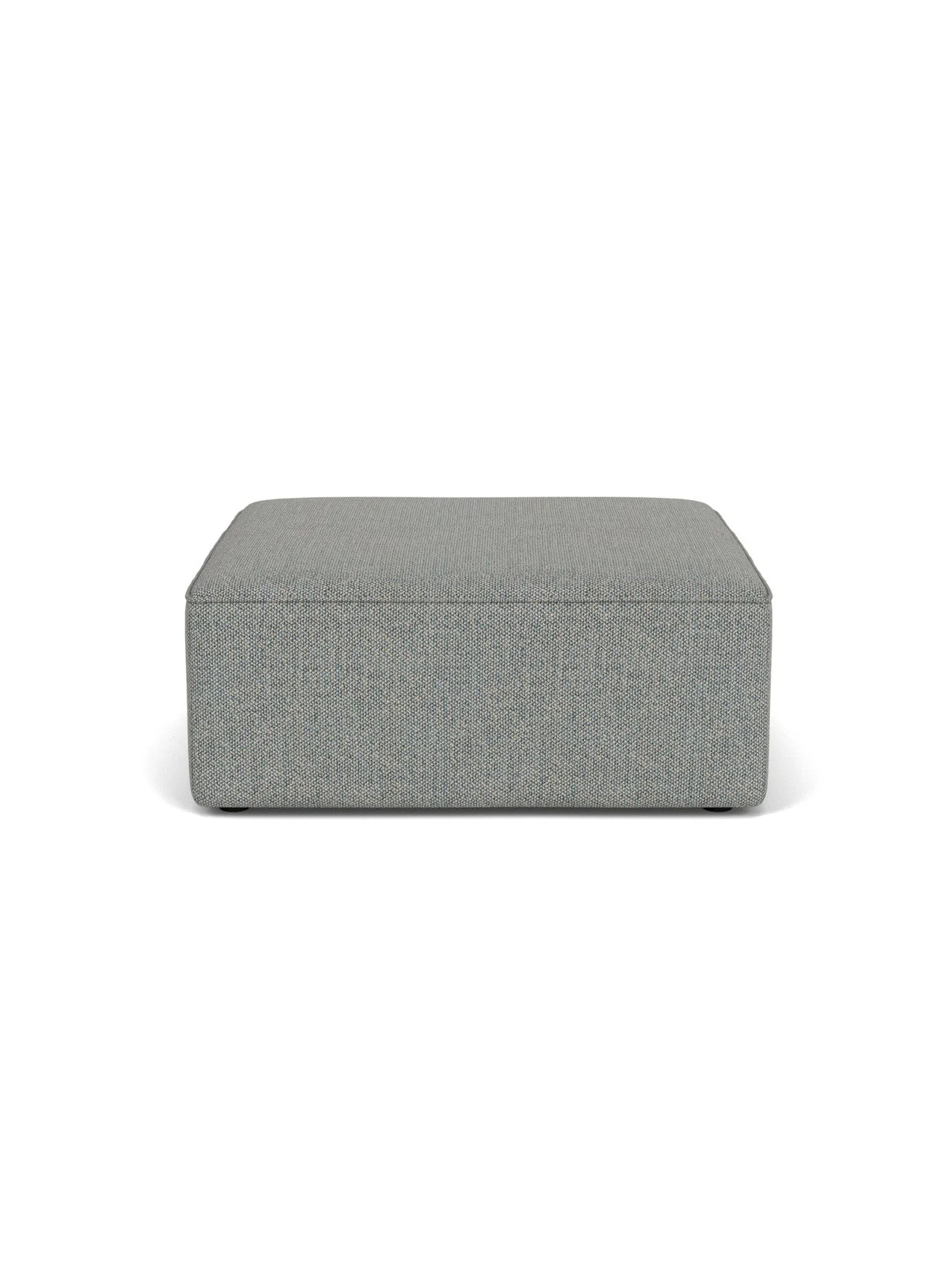A front-on view of the rectangular Eave Modular Sofa Pouf, upholstered in a textured, grey-blue Safire fabric.