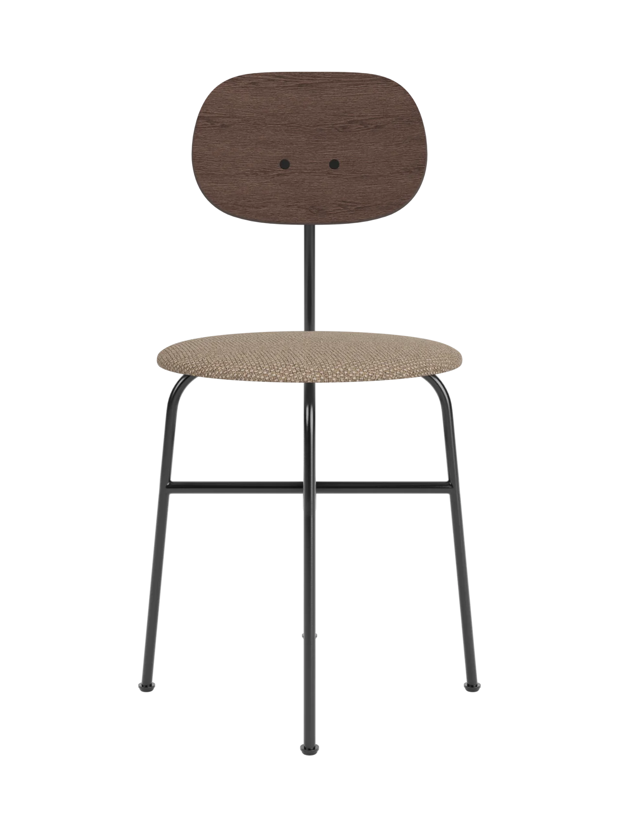 Afteroom Dining Chair Plus featuring a dark stained oak backrest and Logan Flint upholstery on a black steel frame.