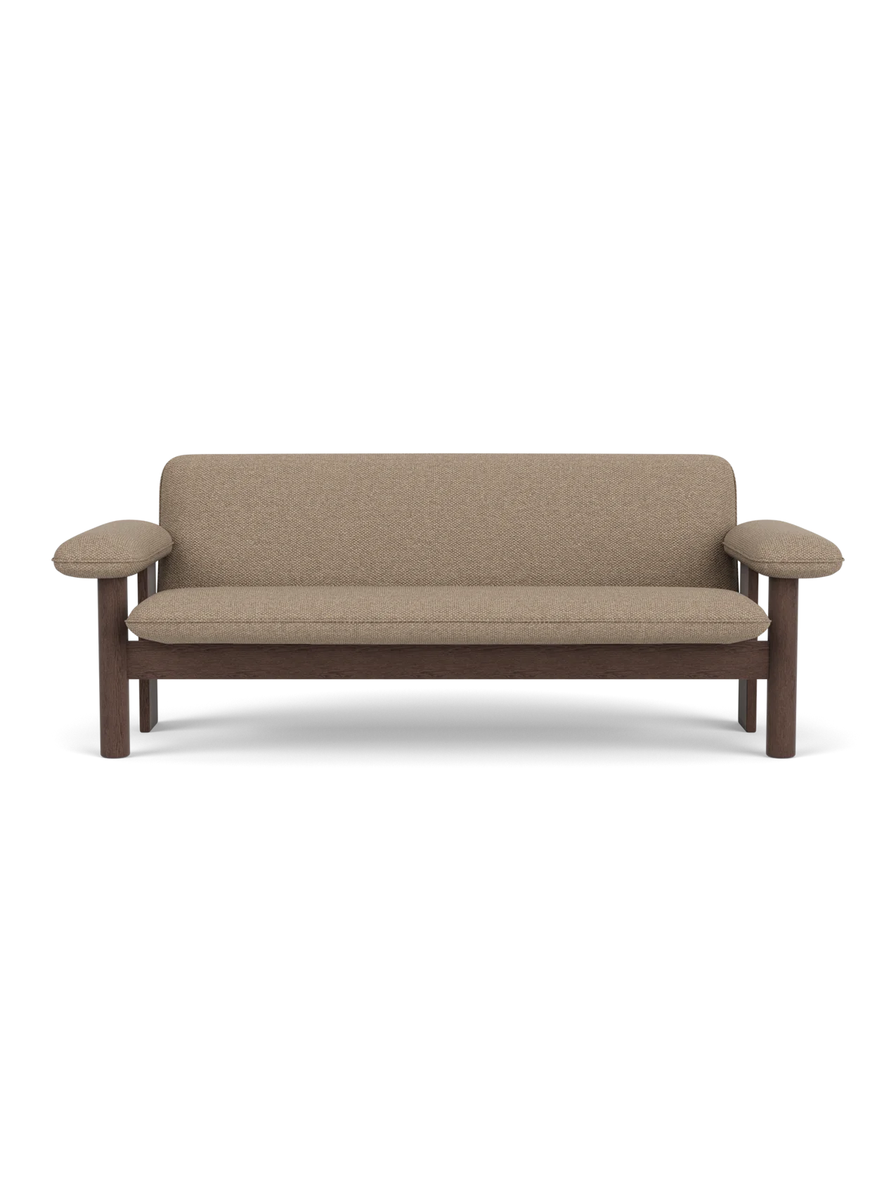 Front view of the Brasilia Sofa with a Dark Stained Oak frame and light brown Logan Flint upholstery on a black background.