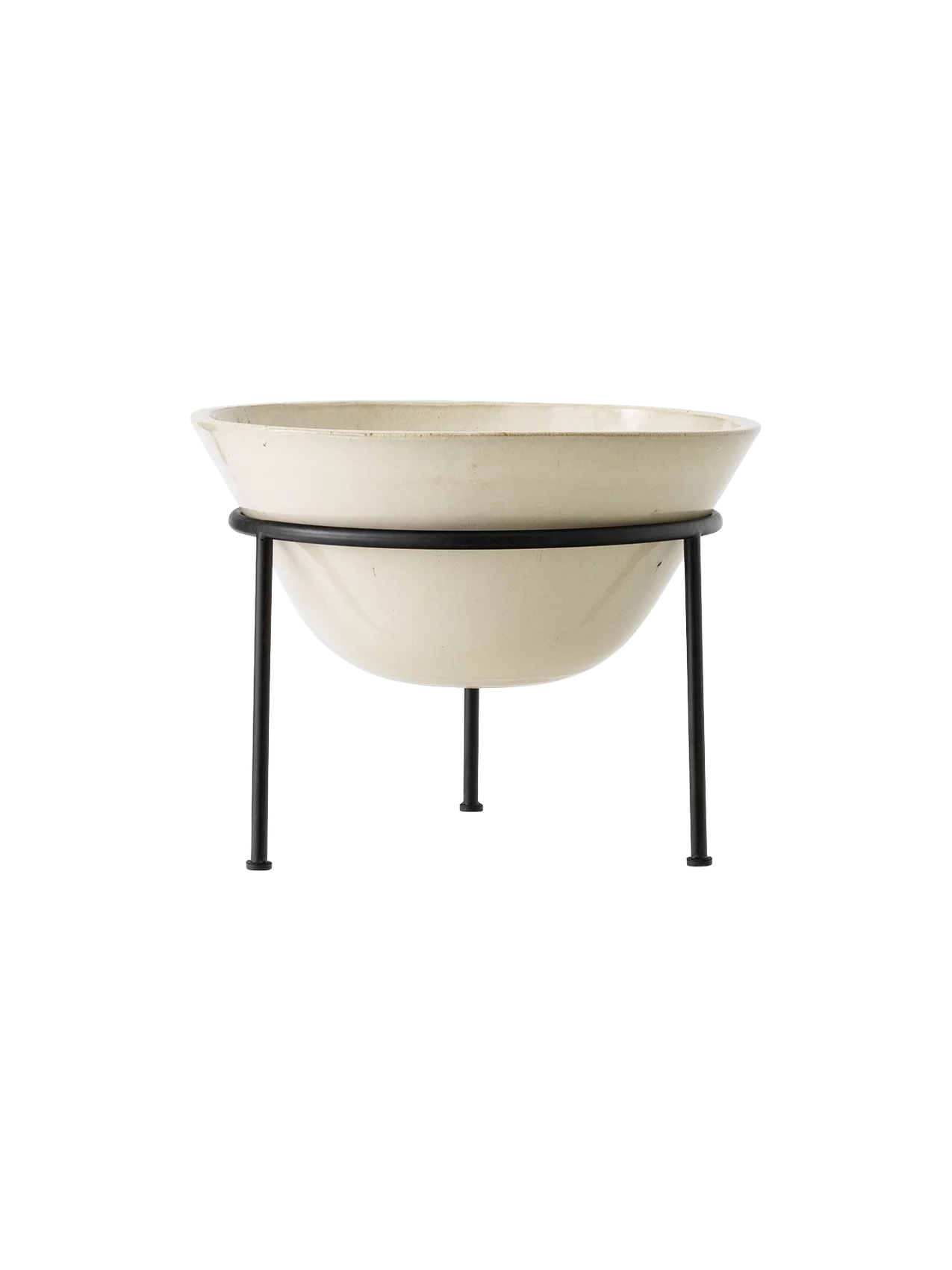 Front view of the Daiza Planter, which features a wide, off-white ceramic bowl on a thin, black four-legged metal stand.
