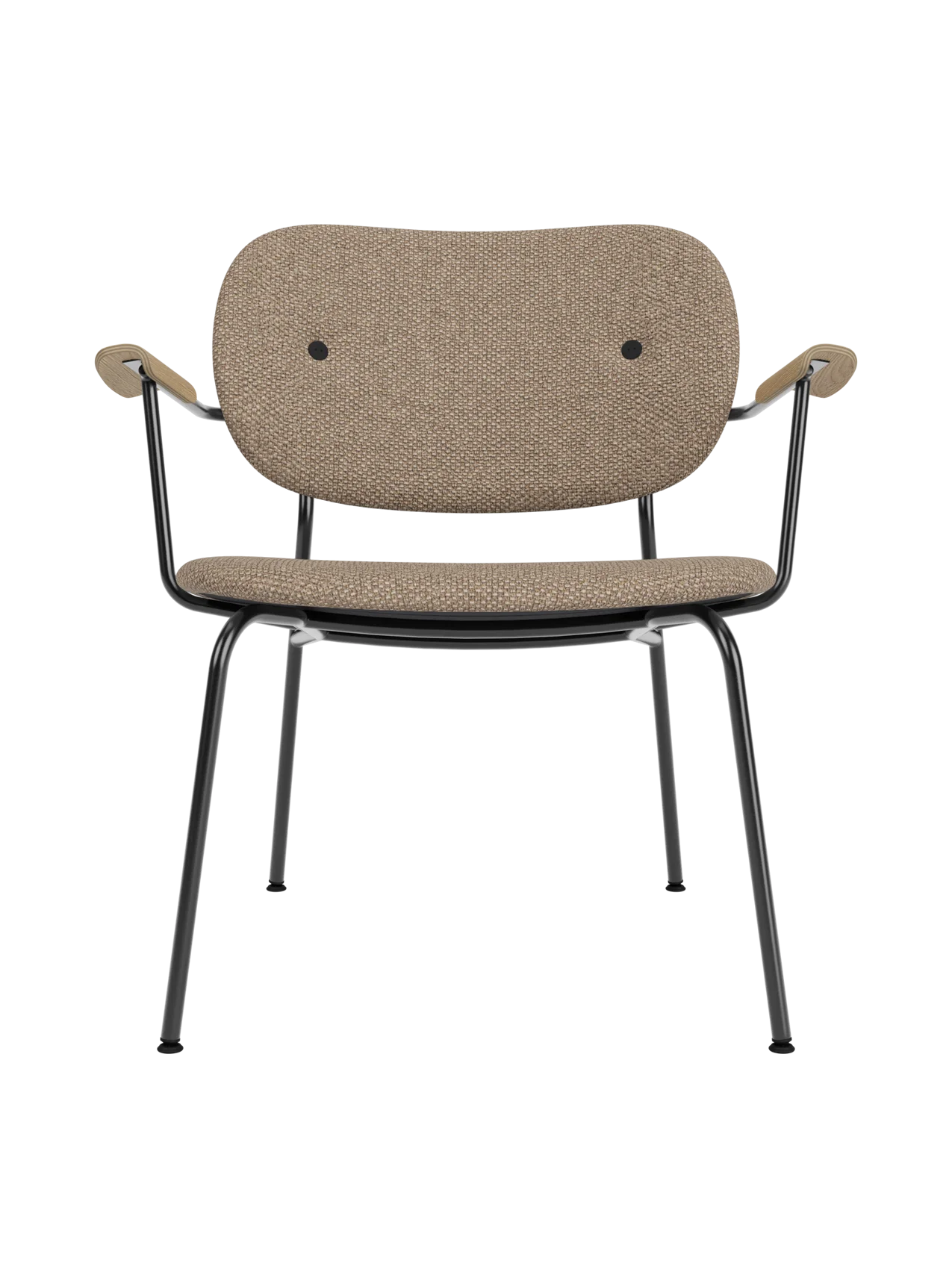 Co Lounge Chair featuring Logan Flint upholstery, natural oak armrests, and a slender black steel base.