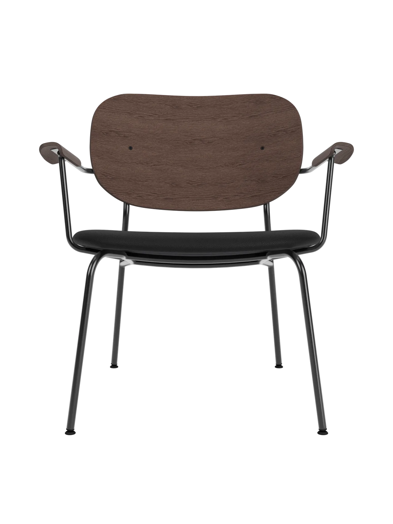 Co Lounge Chair with a dark stained oak backrest and Sierra 1001 black upholstered seat on a black steel frame.