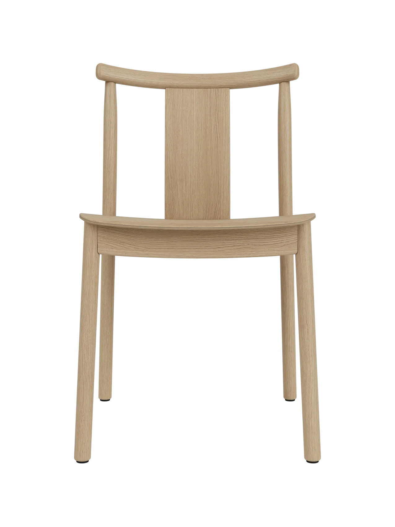 Merkur Dining Chair in natural oak with a curved backrest and vertical slat, shown front-on against a white background.