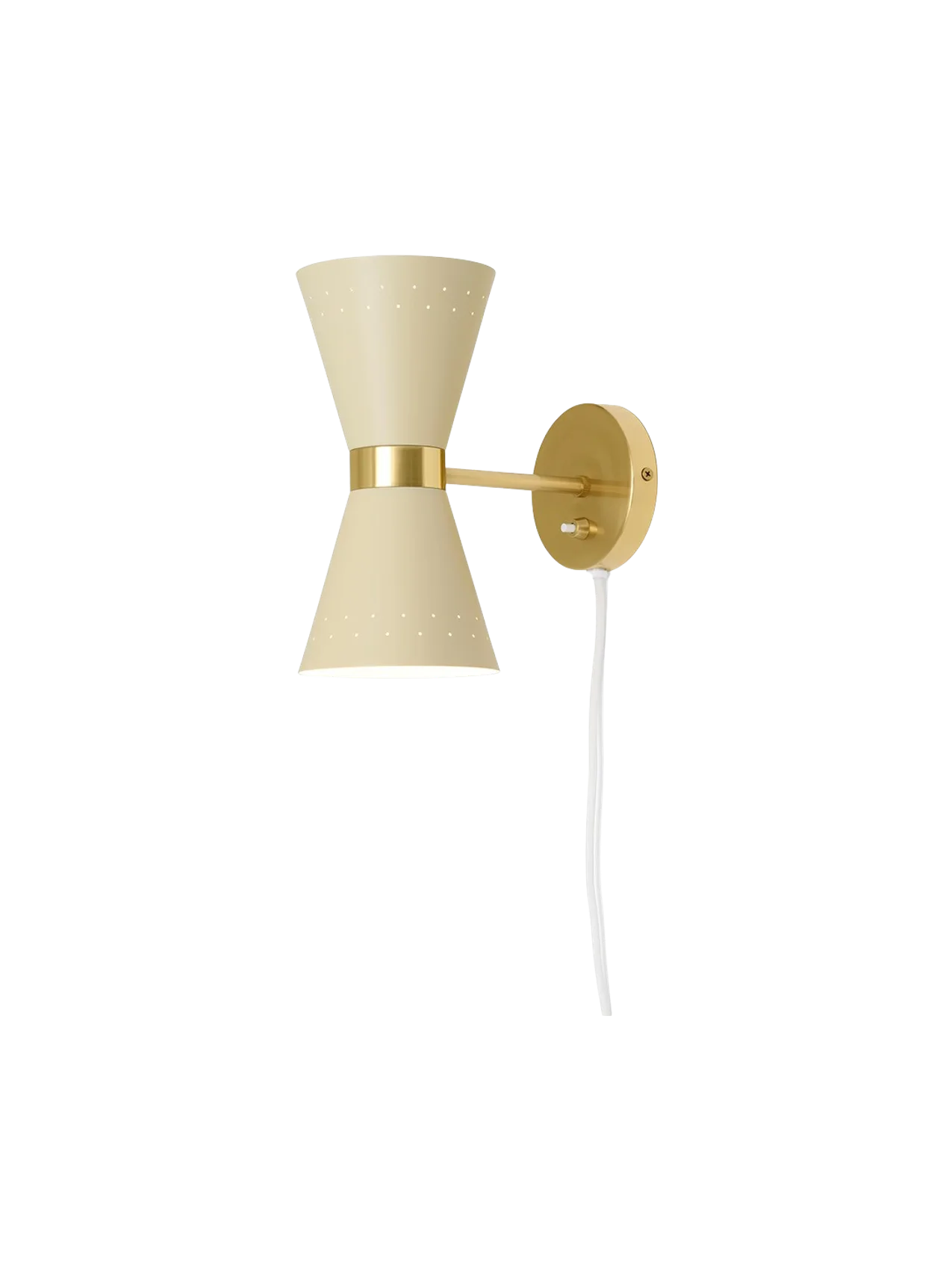 The Collector Wall Lamp in cream with a polished brass fixture. The illuminated hourglass shade has perforated details.