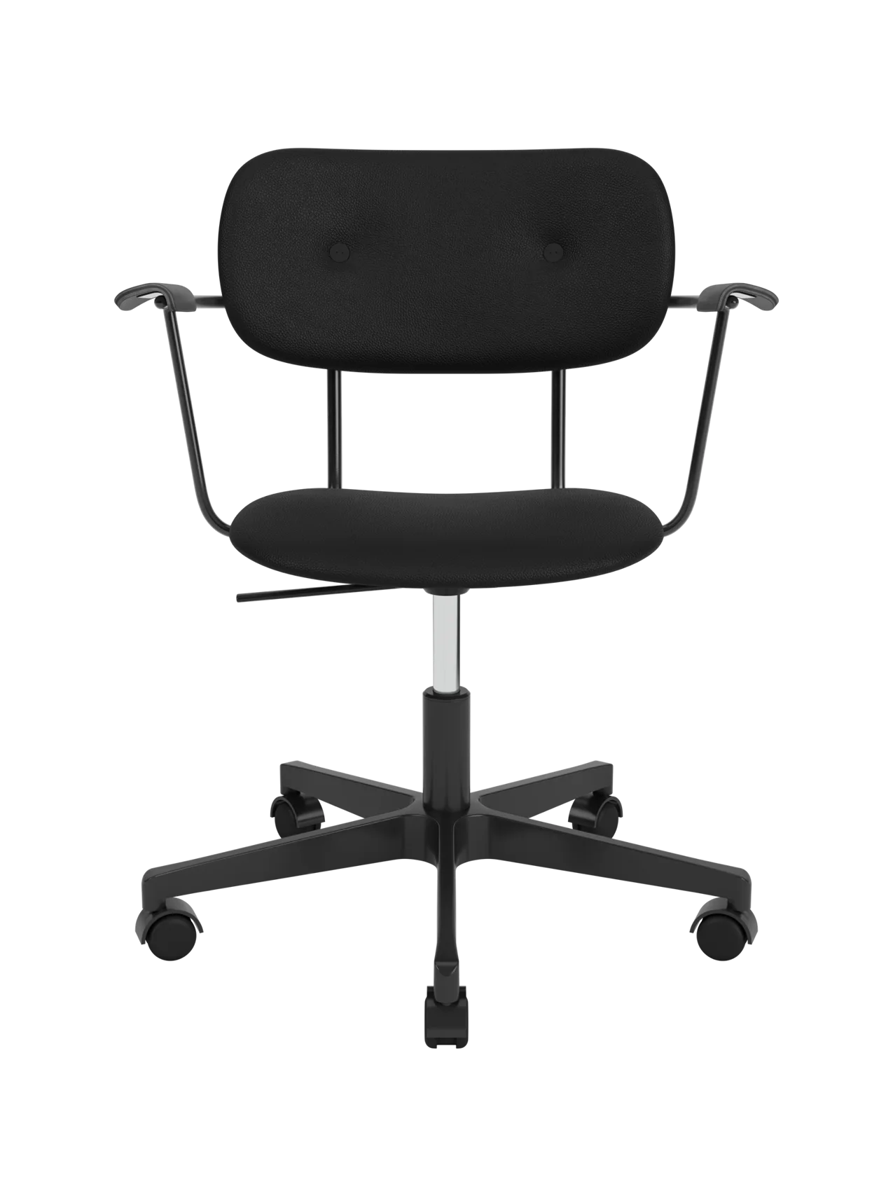 Fully upholstered Co Task Chair in black Sierra leather with black oak armrests and a five-star swivel base with castors.