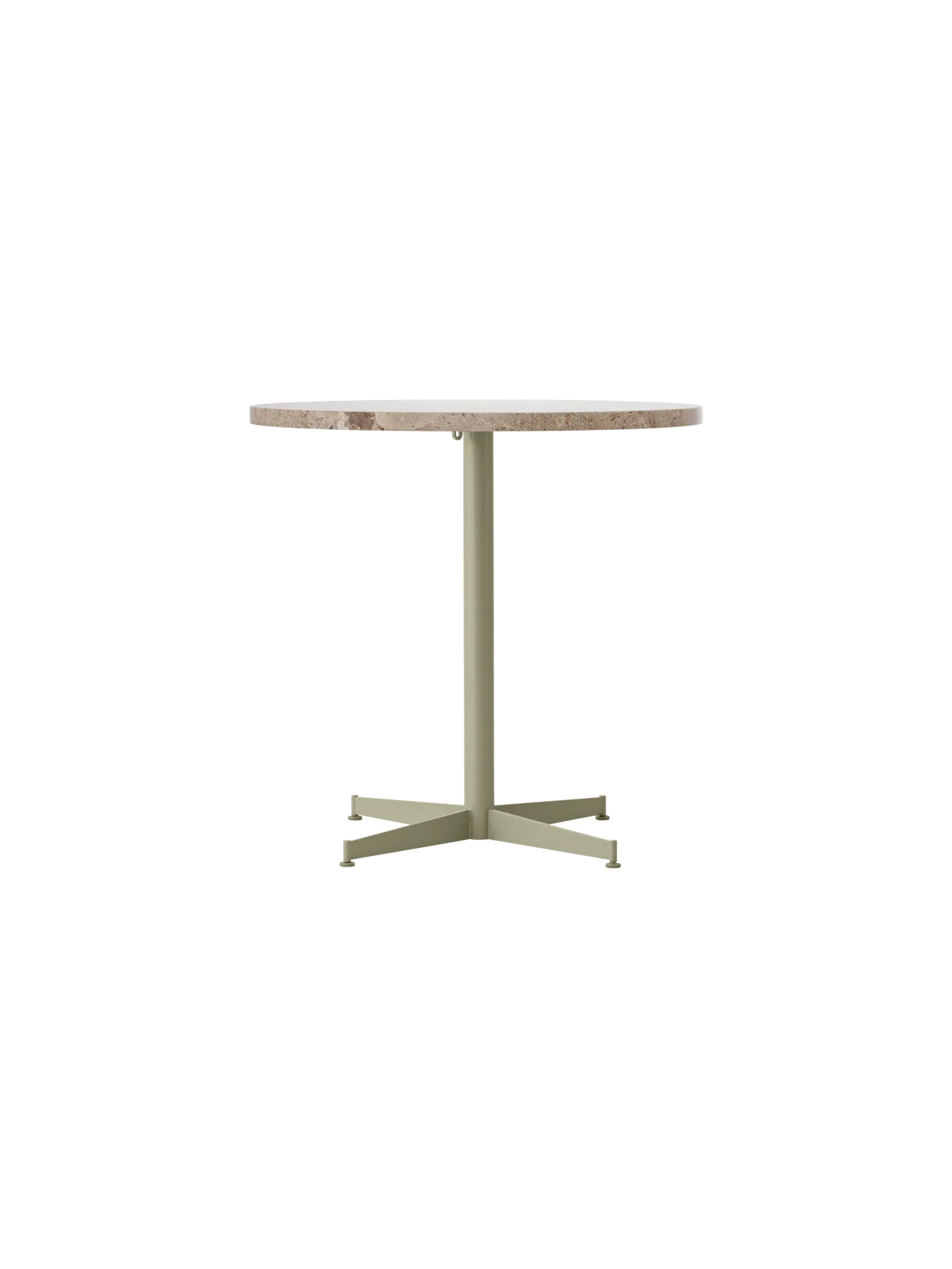 Front view of the Nook Dining Table with a round Kunis Breccia stone top and an olive powder-coated steel four-star base.