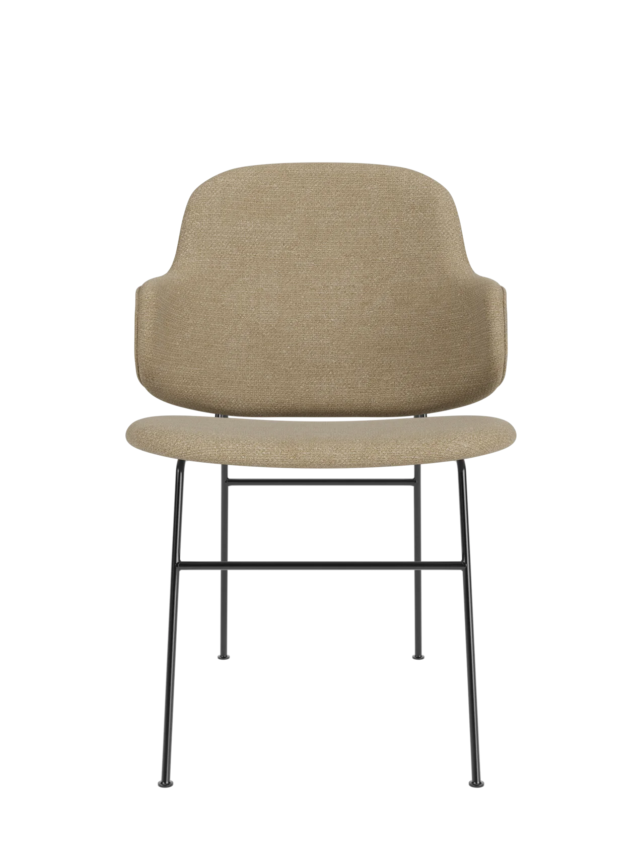 The Penguin Dining Chair in beige Audo Bouclé 02 fabric, featuring a contoured backrest and slim black steel legs.