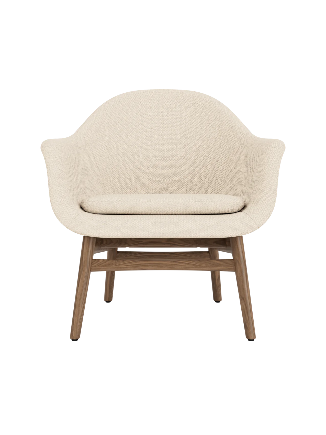 Harbour Lounge Chair in Logan Jasmine fabric with a solid walnut base, featuring a sculptural, curved shell.