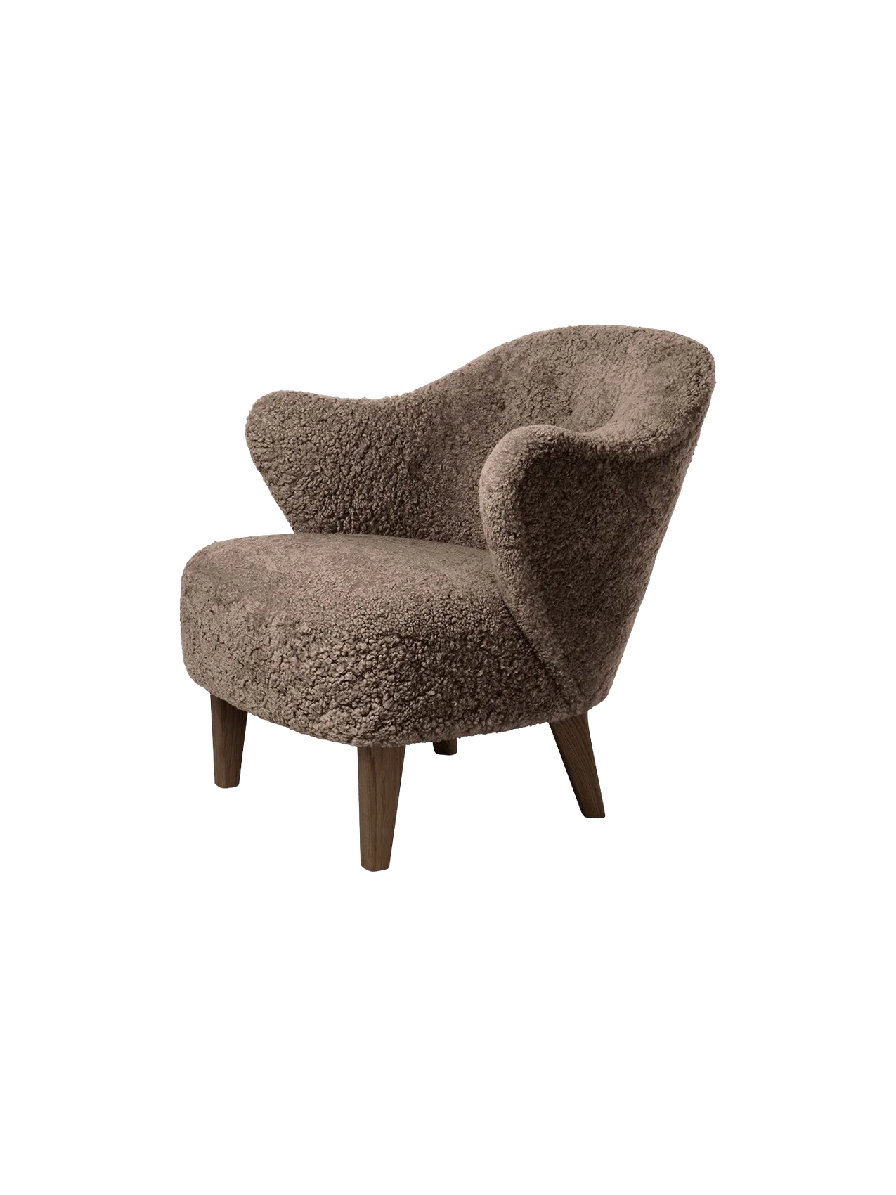 Angled view of the Ingeborg Lounge Chair, upholstered in textured Sahara sheepskin with four dark-stained oak legs.