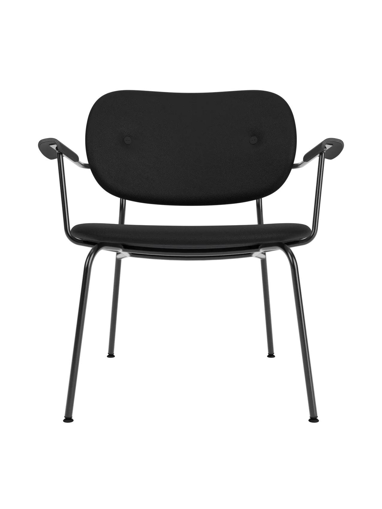 Fully upholstered Co Lounge Chair in black Sierra 1001 leather with black painted oak armrests and a steel frame.