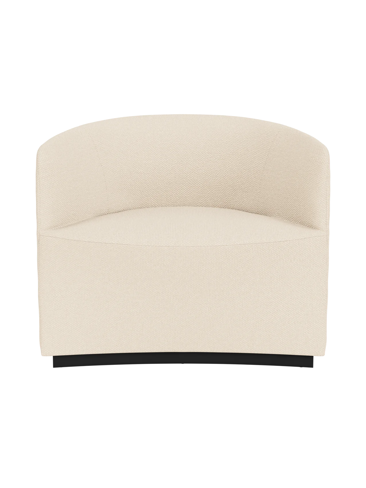 Front view of the Tearoom Lounge Chair upholstered in Logan Jasmine, a textured cream fabric, on a recessed dark base.
