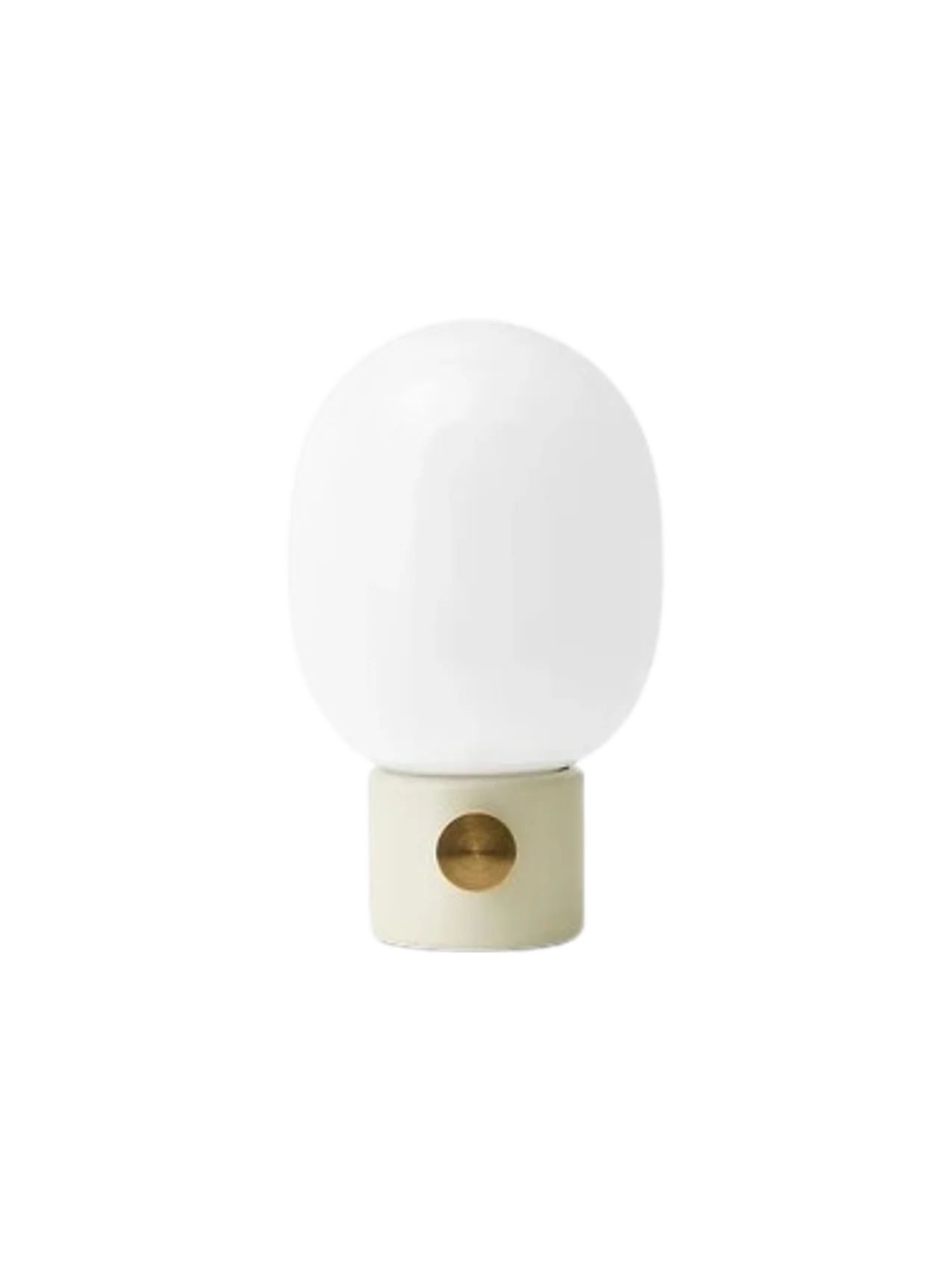 Front view of the JWDA Table Lamp, Small, with an Alabaster White steel base, brass dimmer and white opal glass shade.
