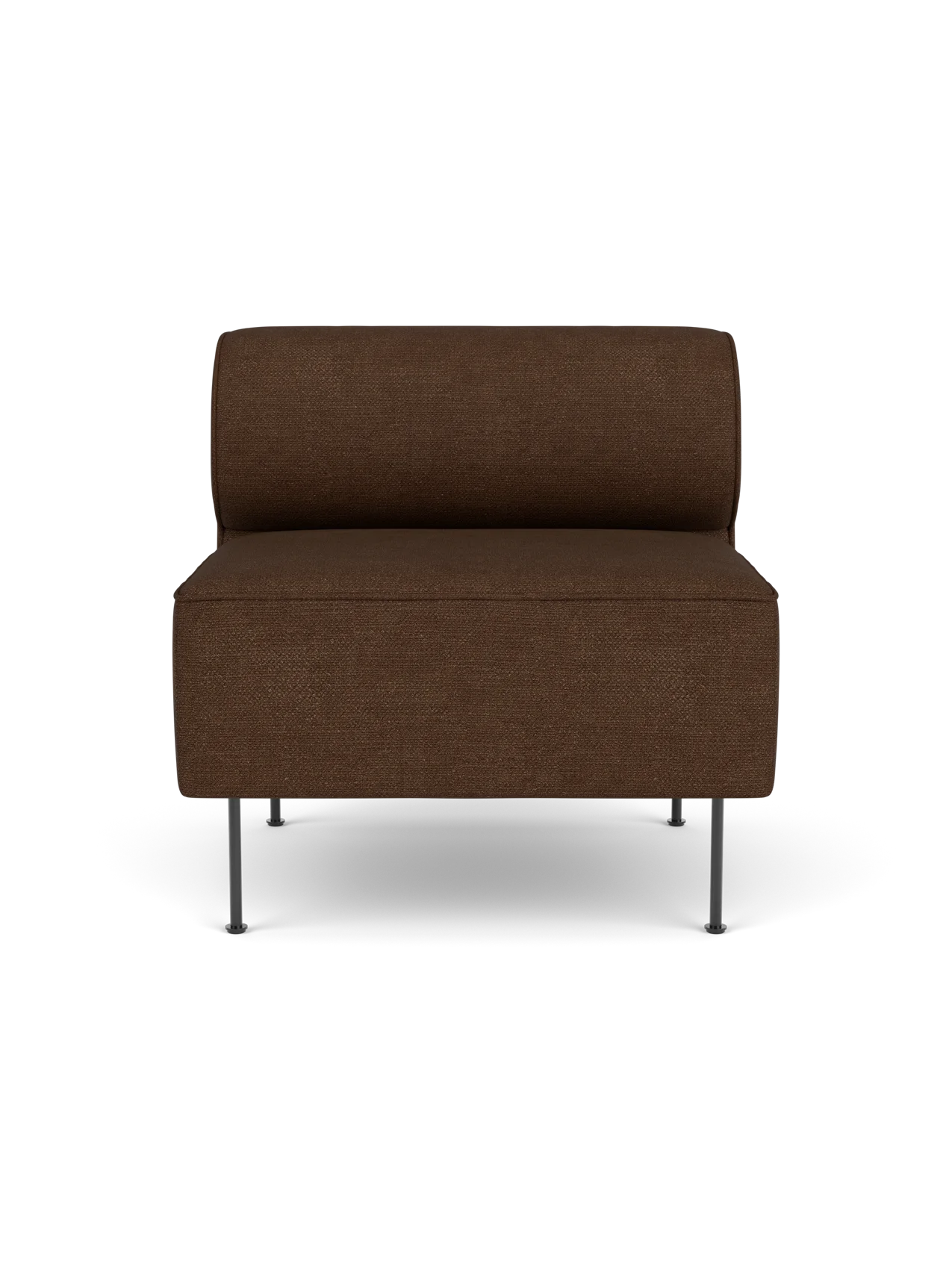 Front view of the Eave Dining Sofa, an open section module upholstered in textured brown Audo Bouclé 07, on slim metal legs.