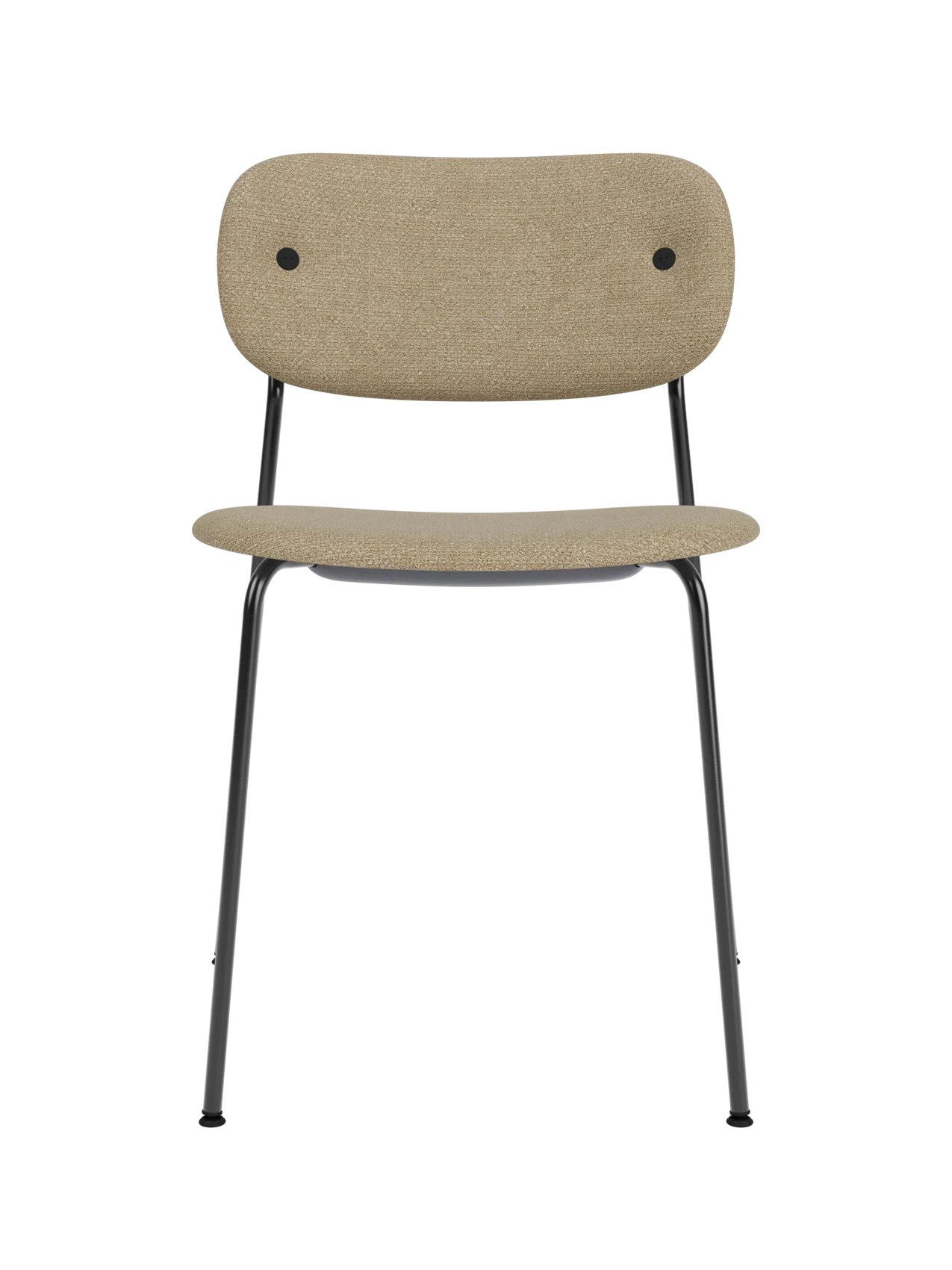 Fully upholstered Co Dining Chair in beige bouclé 02 fabric with a slim black powder-coated steel frame.