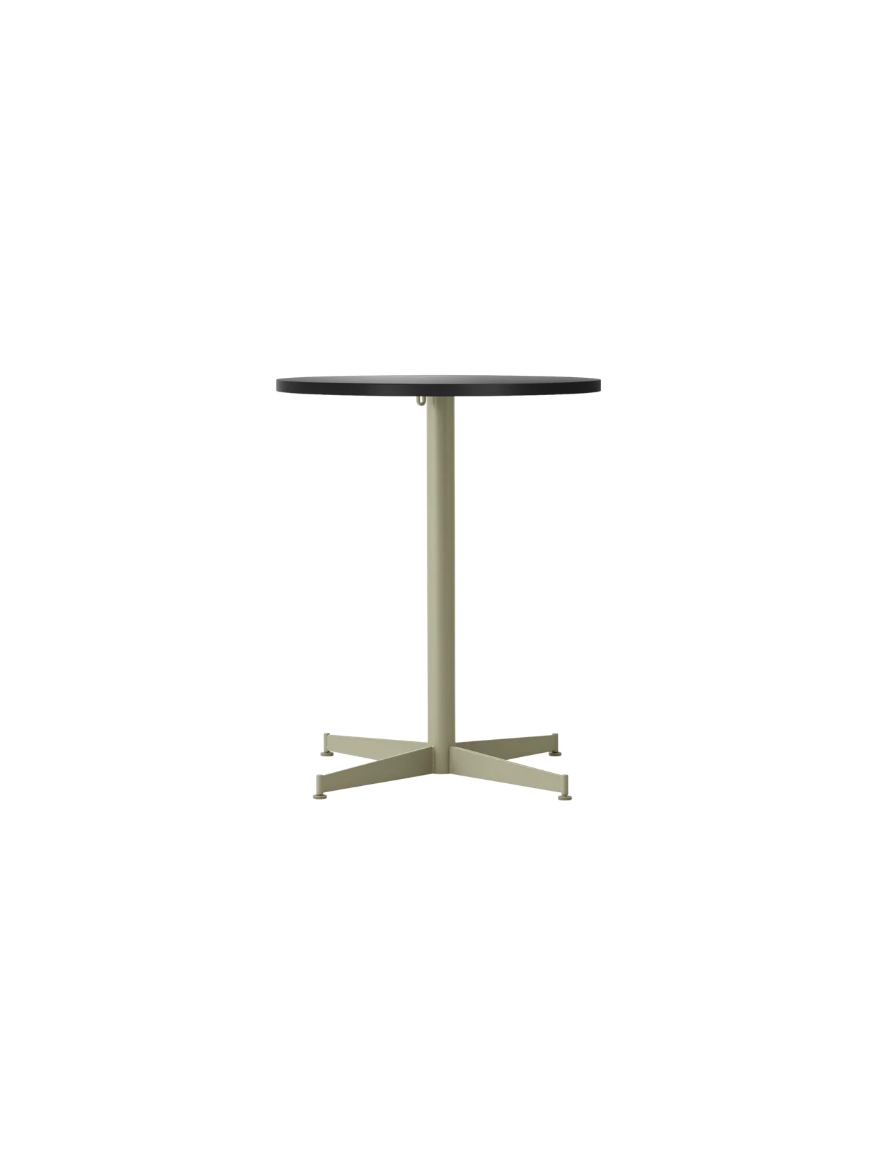 Front view of the Nook Dining Table with a round, charcoal linoleum top and a slim, olive green four-star steel base.
