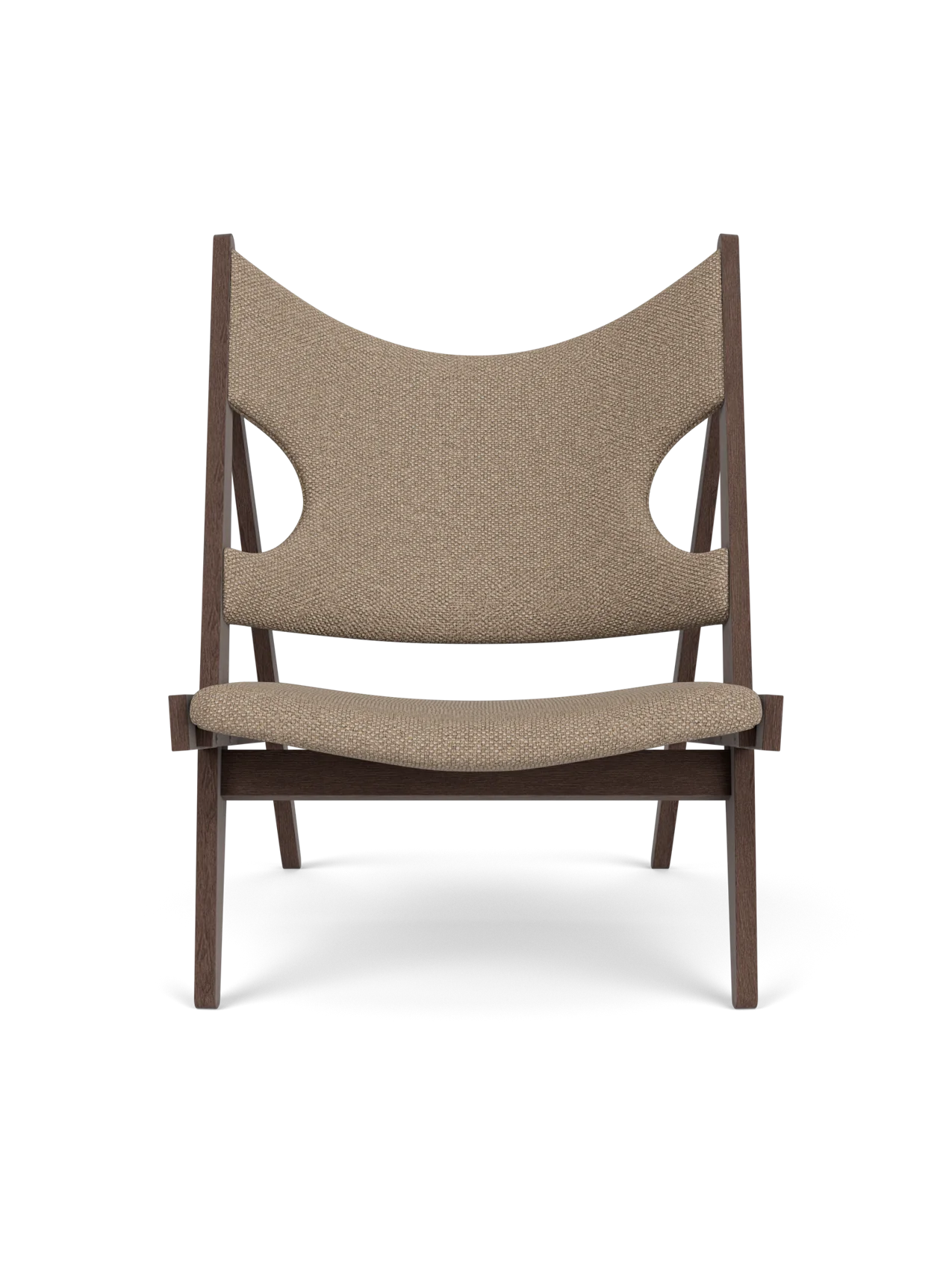 Front view of the Knitting Lounge Chair in dark stained oak with Logan Flint upholstery, on a black background.