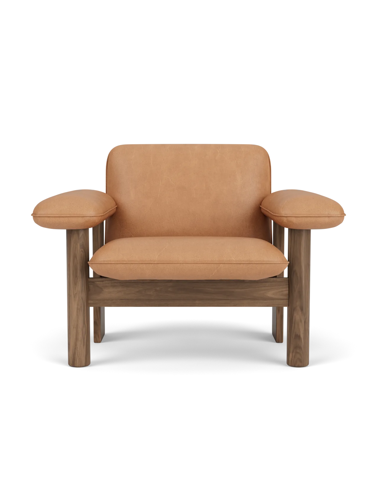 A front-on studio shot of the Brasilia Lounge Chair, Low Back. The chair has a solid walnut frame and camel upholstery.