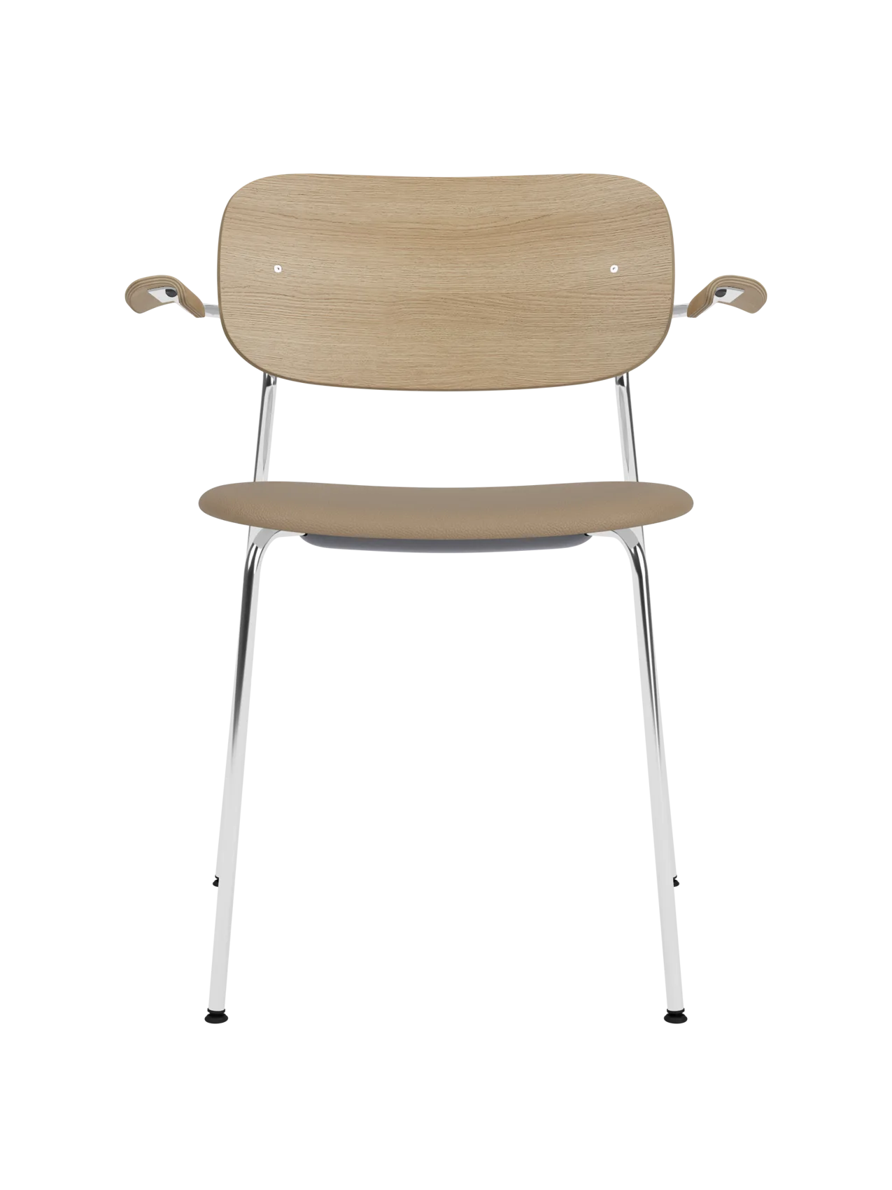 Co Dining Chair with armrests featuring a chrome frame, natural oak backrest and a tan leather upholstered seat.