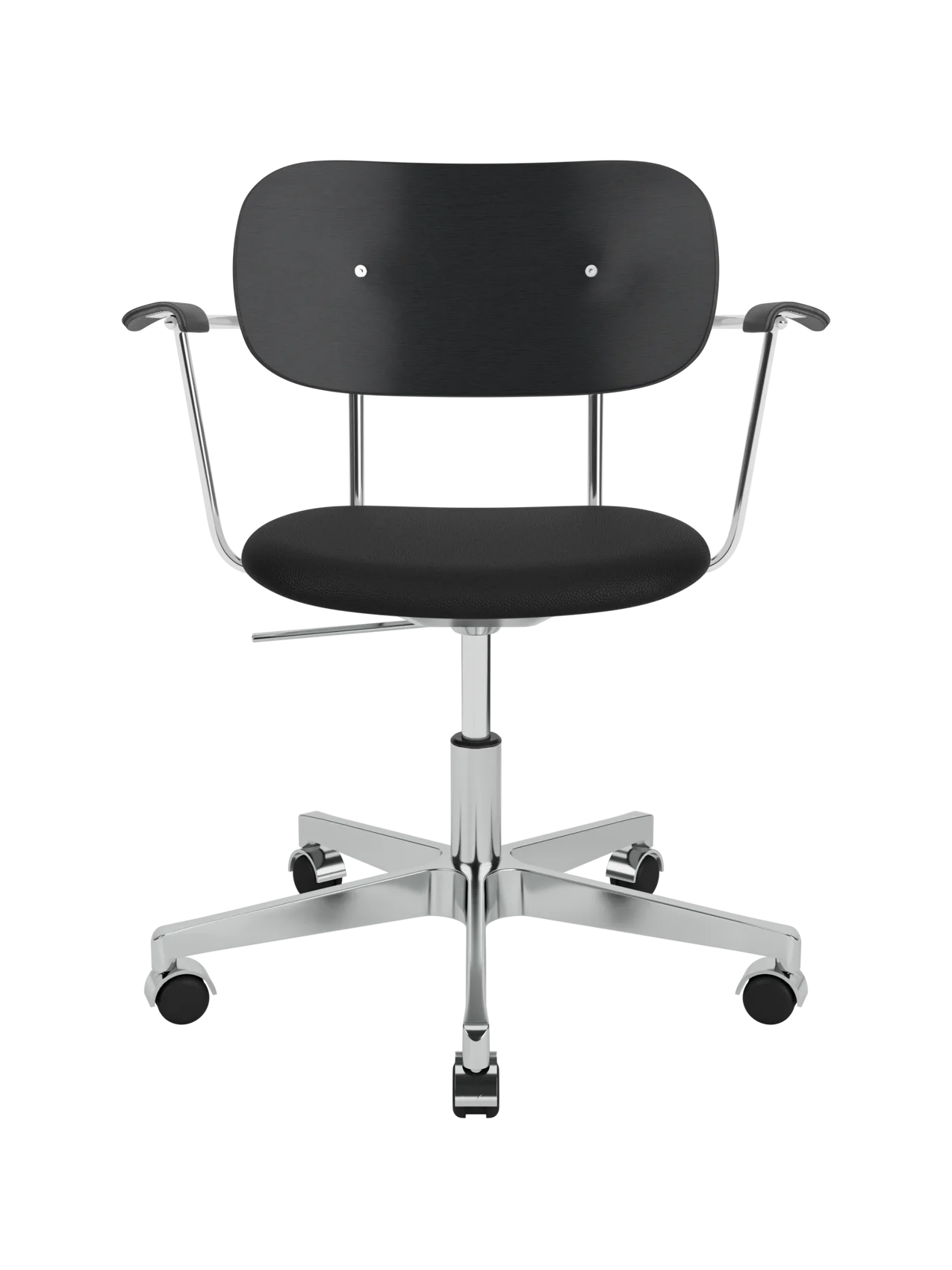Co Task Chair with black upholstered seat, black painted oak back and chrome armrests on a polished aluminium base.