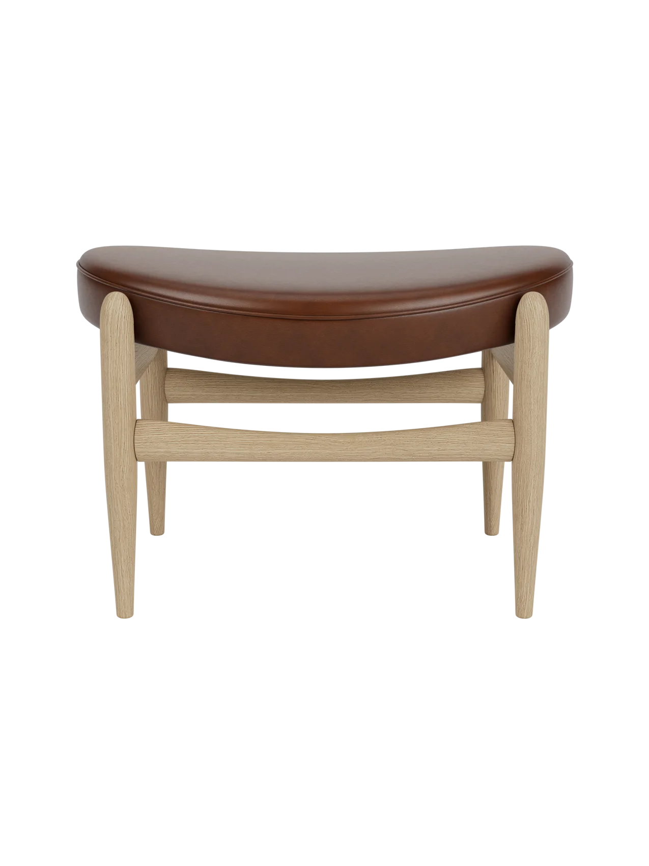 A front view of the Elizabeth Ottoman, featuring a curved brown leather seat and a light natural oak frame.