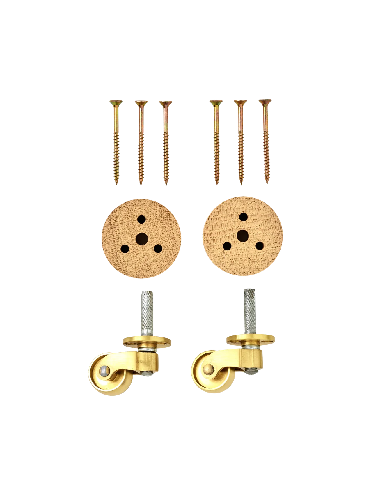 Spare parts for Tired Man Front Legs: two brass caster wheels, two natural oak mounting discs, and four matching screws.