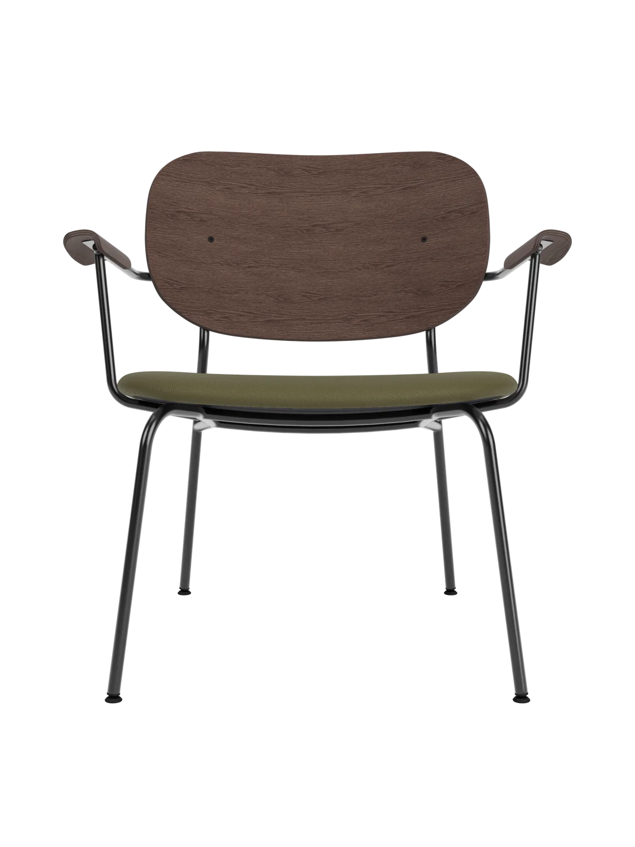 Co Lounge Chair with dark stained oak backrest and olive green Sierra 0441 upholstered seat.