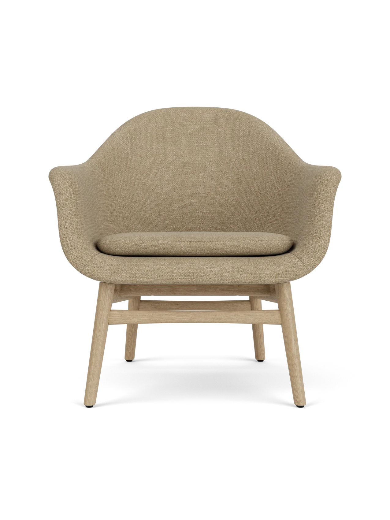 Front view of the Harbour Lounge Chair, featuring a natural oak frame and upholstered in a light beige Audo Bouclé 02 fabric.